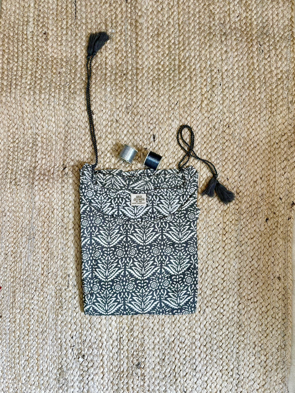 Grey Handblock Kurti with Tassel Detail