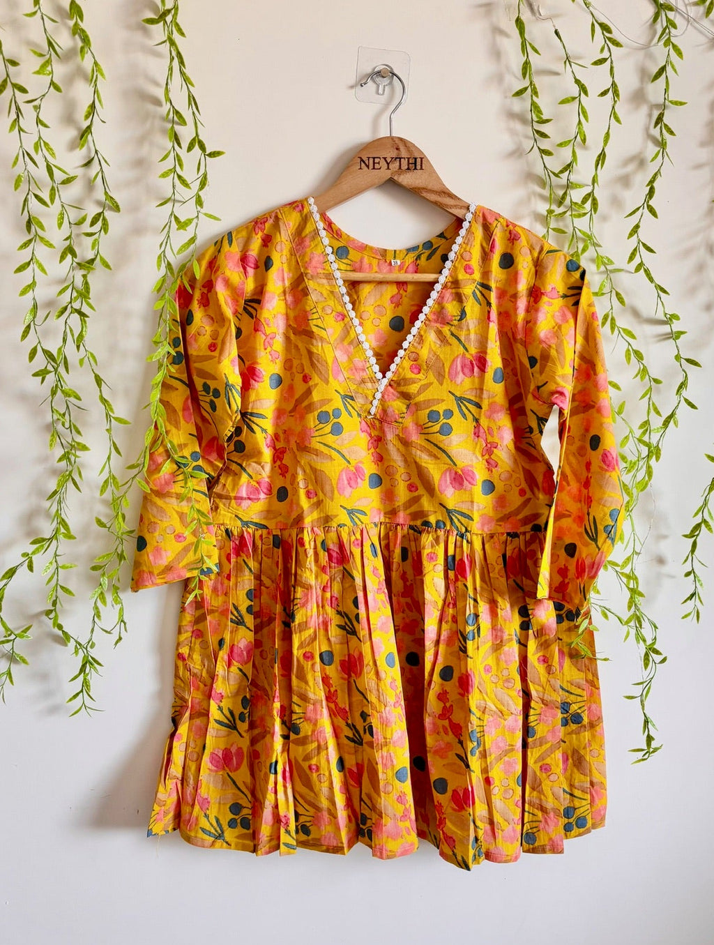 Yellow Multicolor Floral-Print Short Kurti