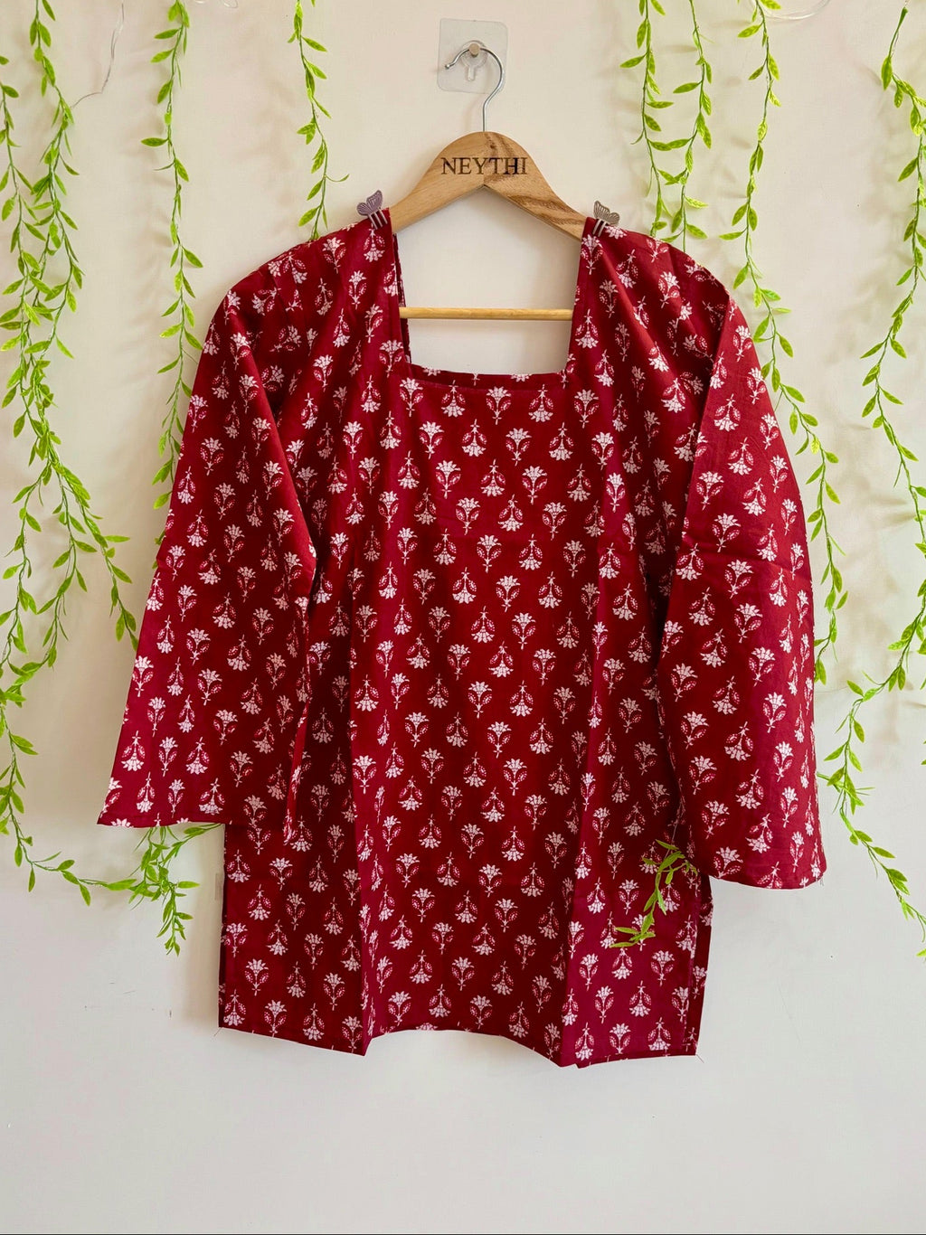 Deep Red Handblock Floral-Print Kurti