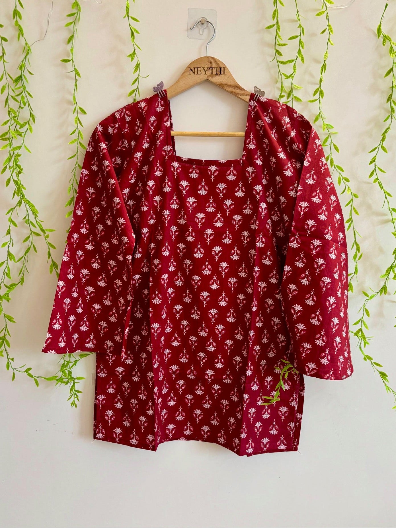 Deep Red Handblock Floral-Print Kurti