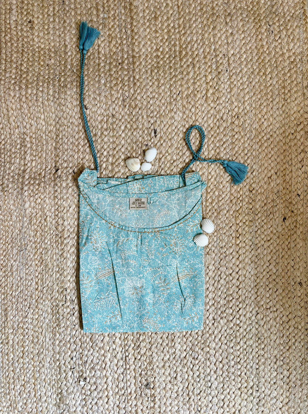 Aqua Blue Handblock Kurti with Tassel Detail