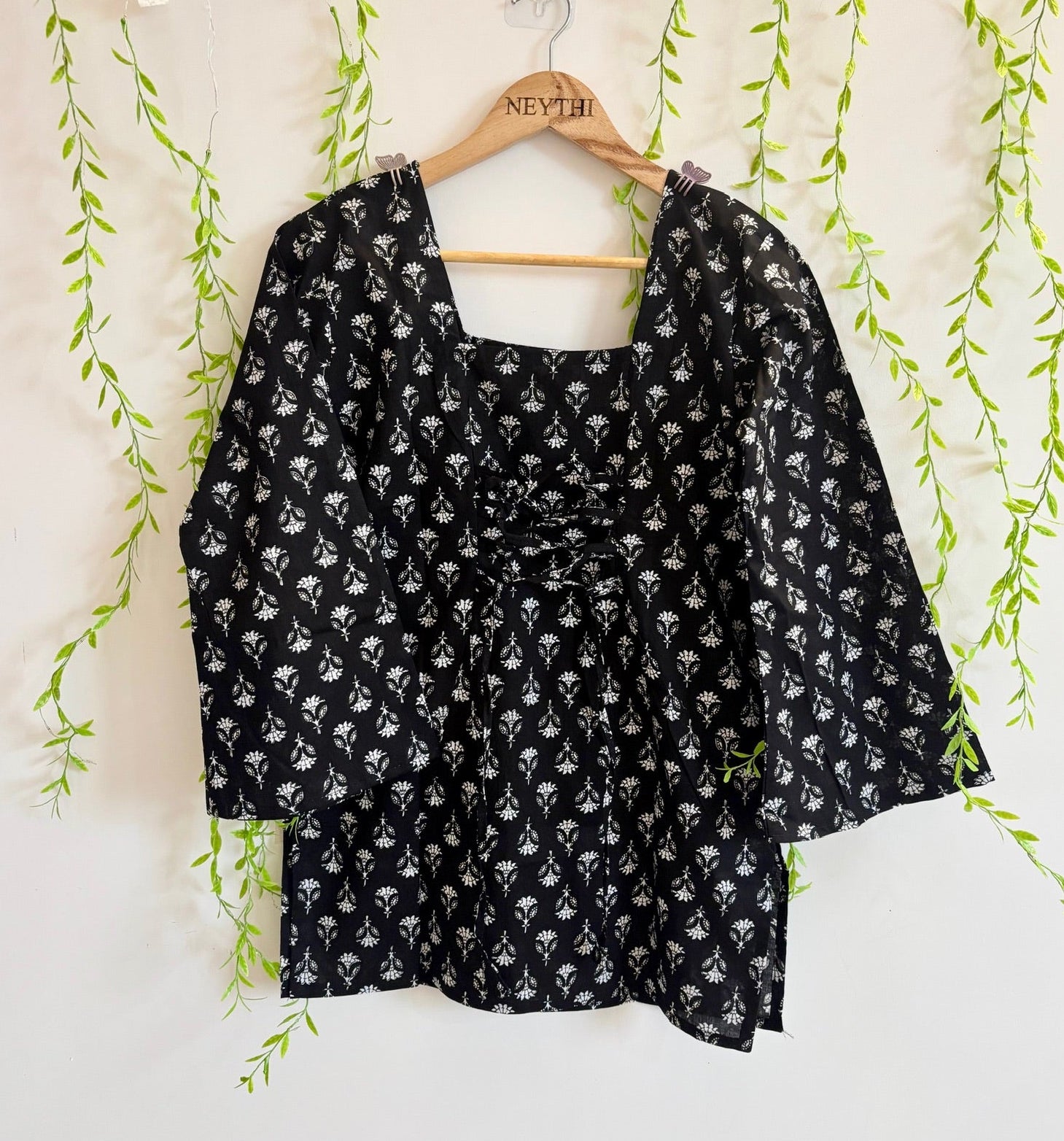 Black Handblock Mini Floral-Print Kurti