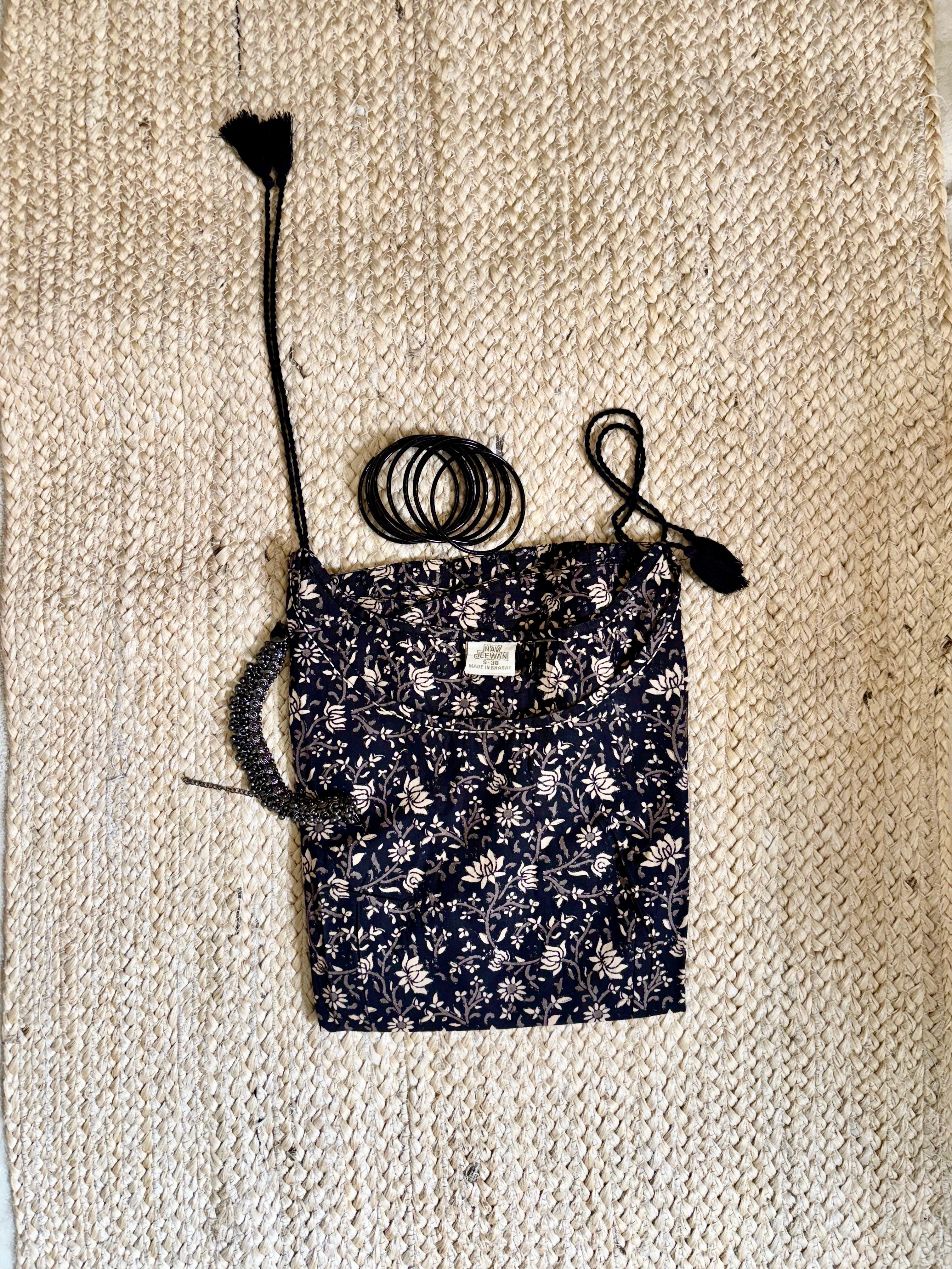 Charcoal Black Handblock Kurti with Tassel Detail