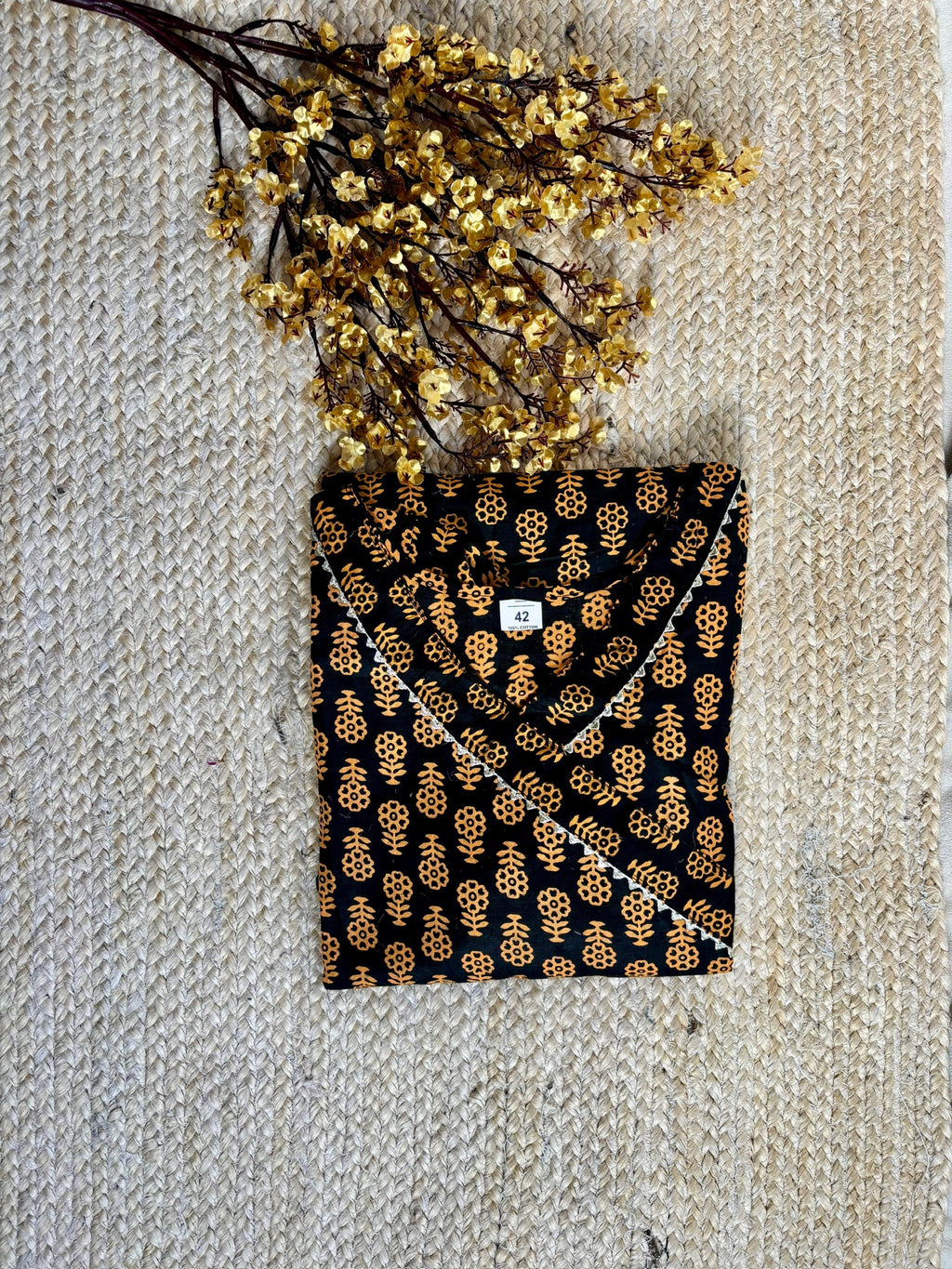 Black Mustard Floral-Print Umbrella Cut Kurti