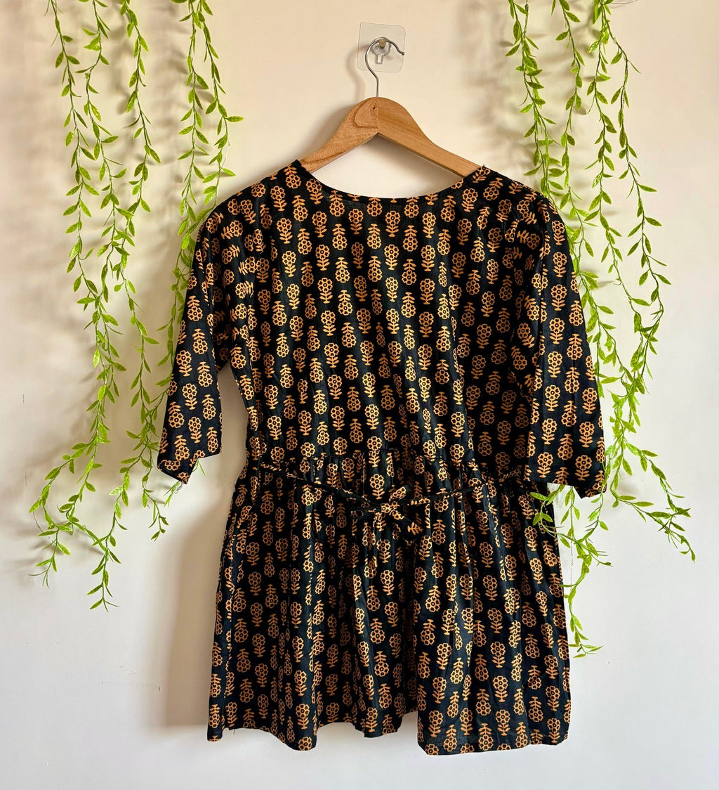 Black Mustard Floral-Print Umbrella Cut Kurti