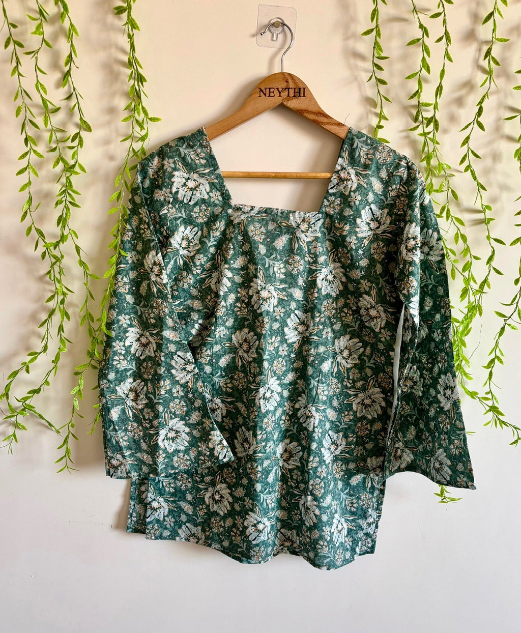 Teal Green Floral-Print Bell-Sleeve Kurti