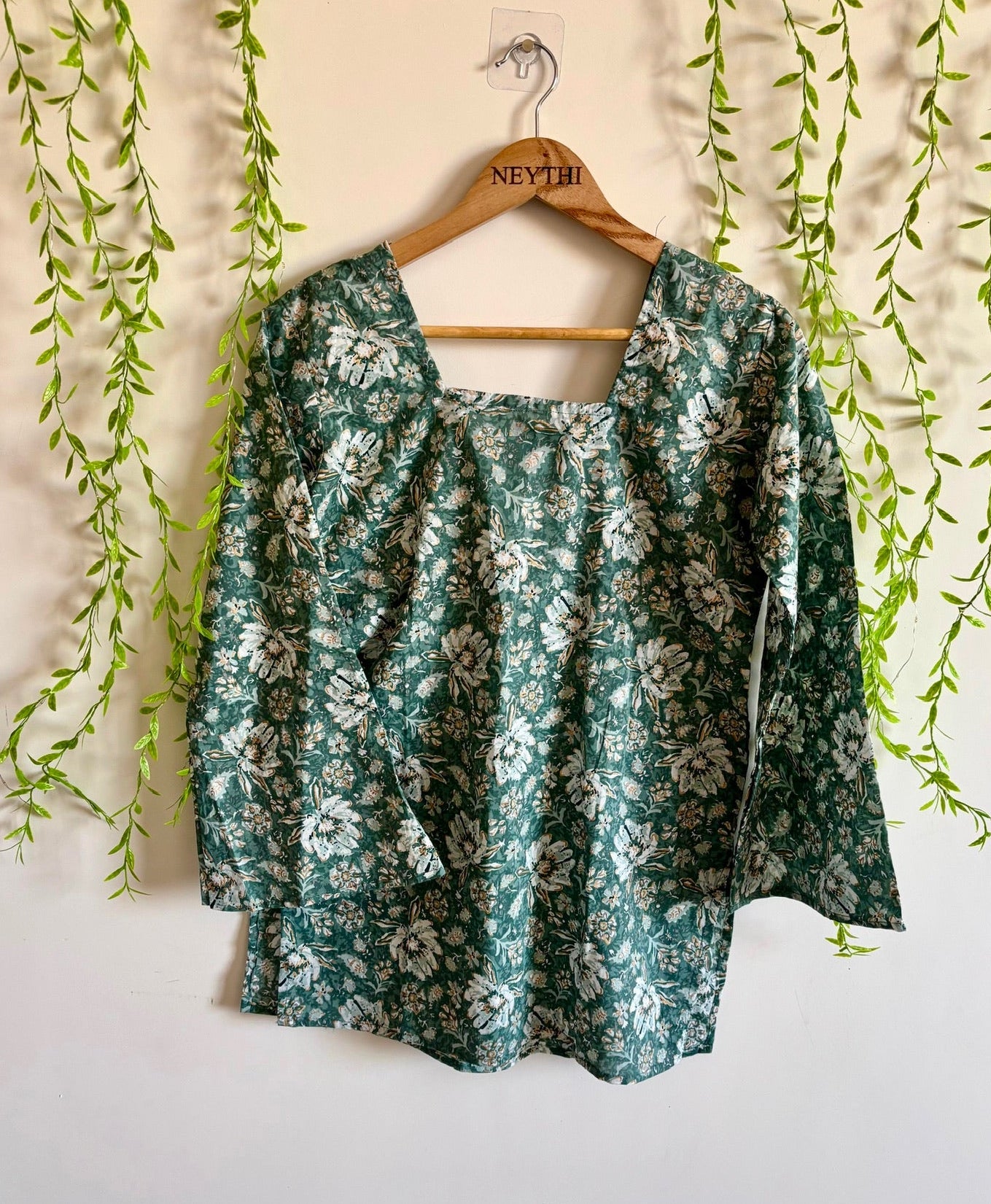 Teal Green Floral-Print Bell-Sleeve Kurti