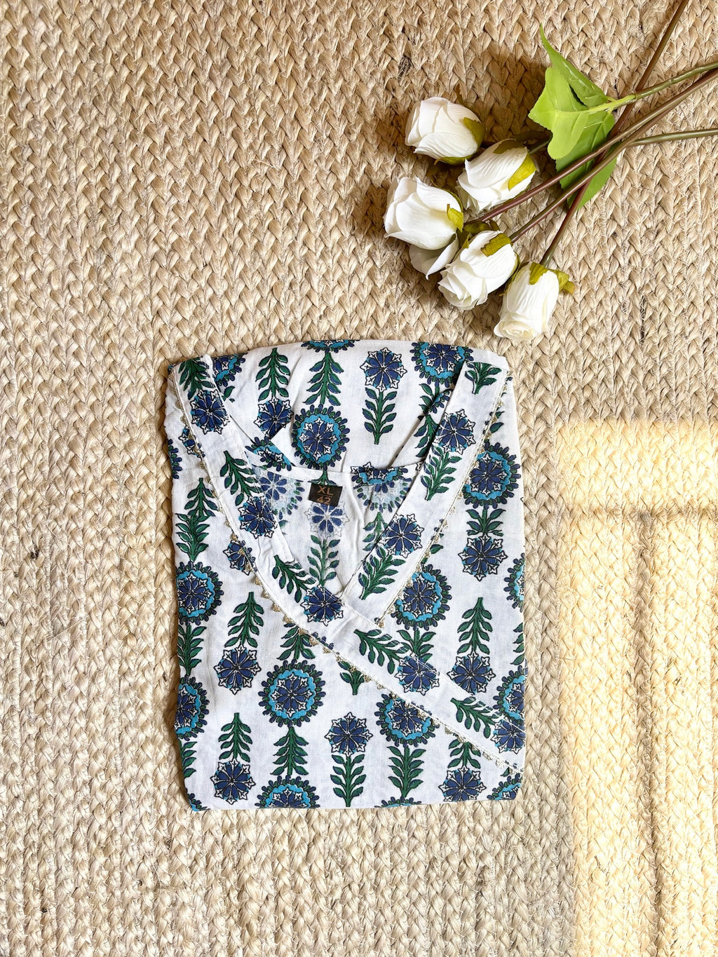 White Handblock Bloom-Print Umbrella Cut Kurti