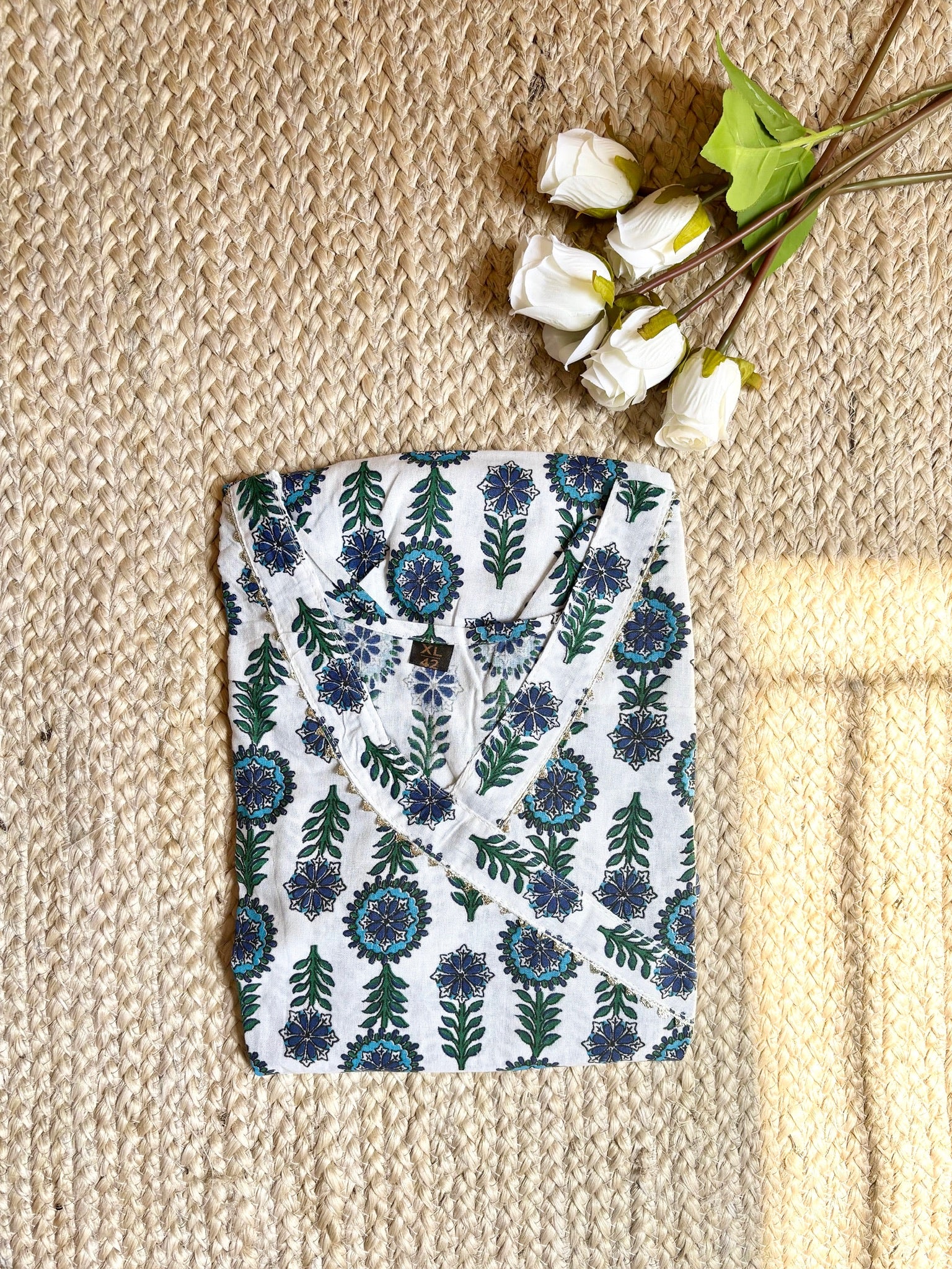 White Handblock Bloom-Print Umbrella Cut Kurti