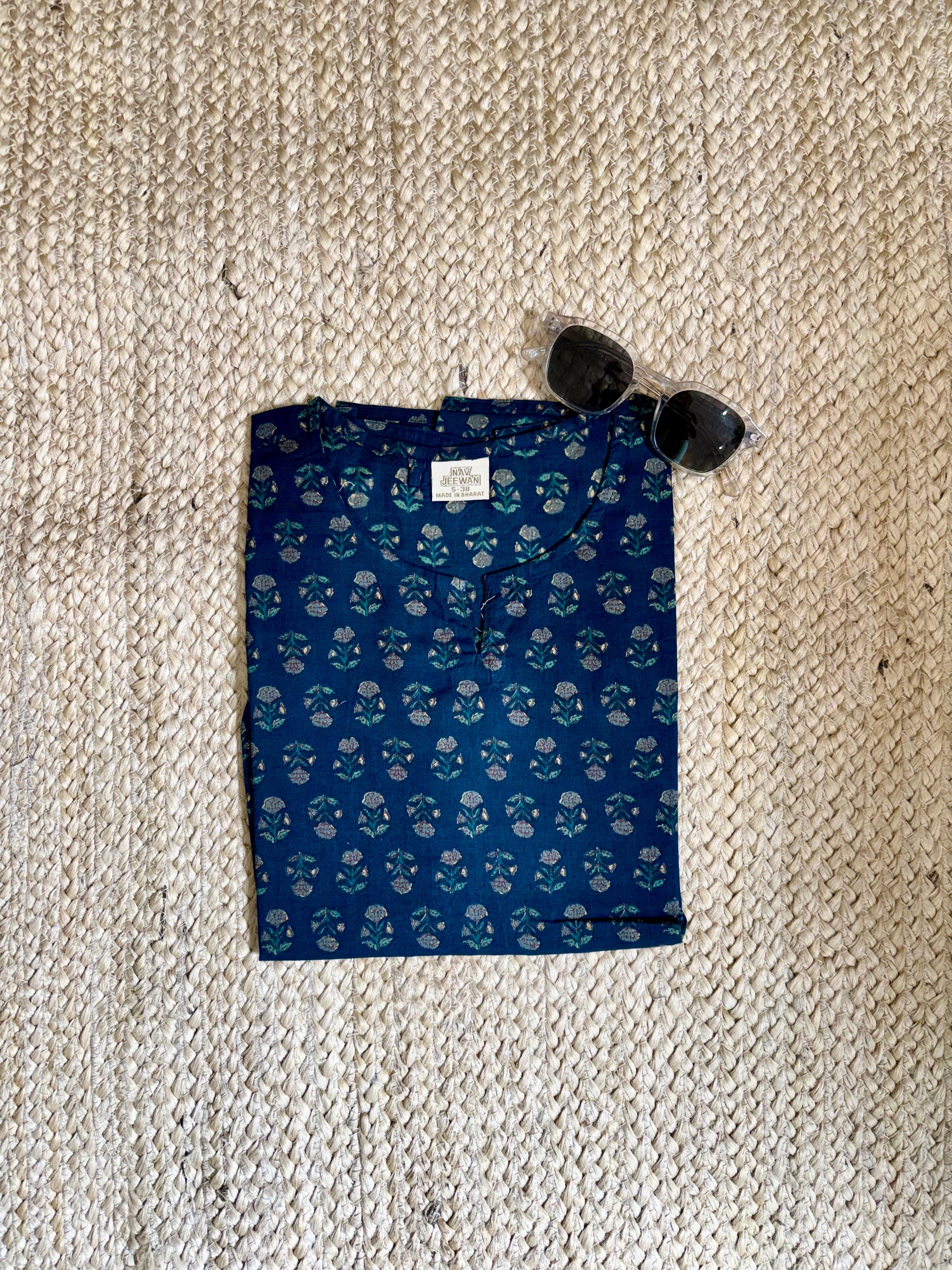 Teal Blue Handblock Kurti with Panel Detail