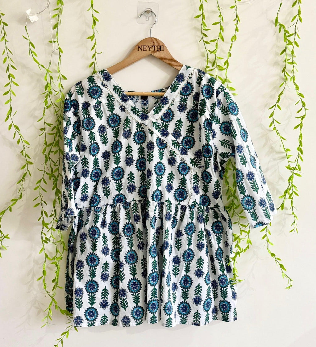 White Handblock Bloom-Print Umbrella Cut Kurti