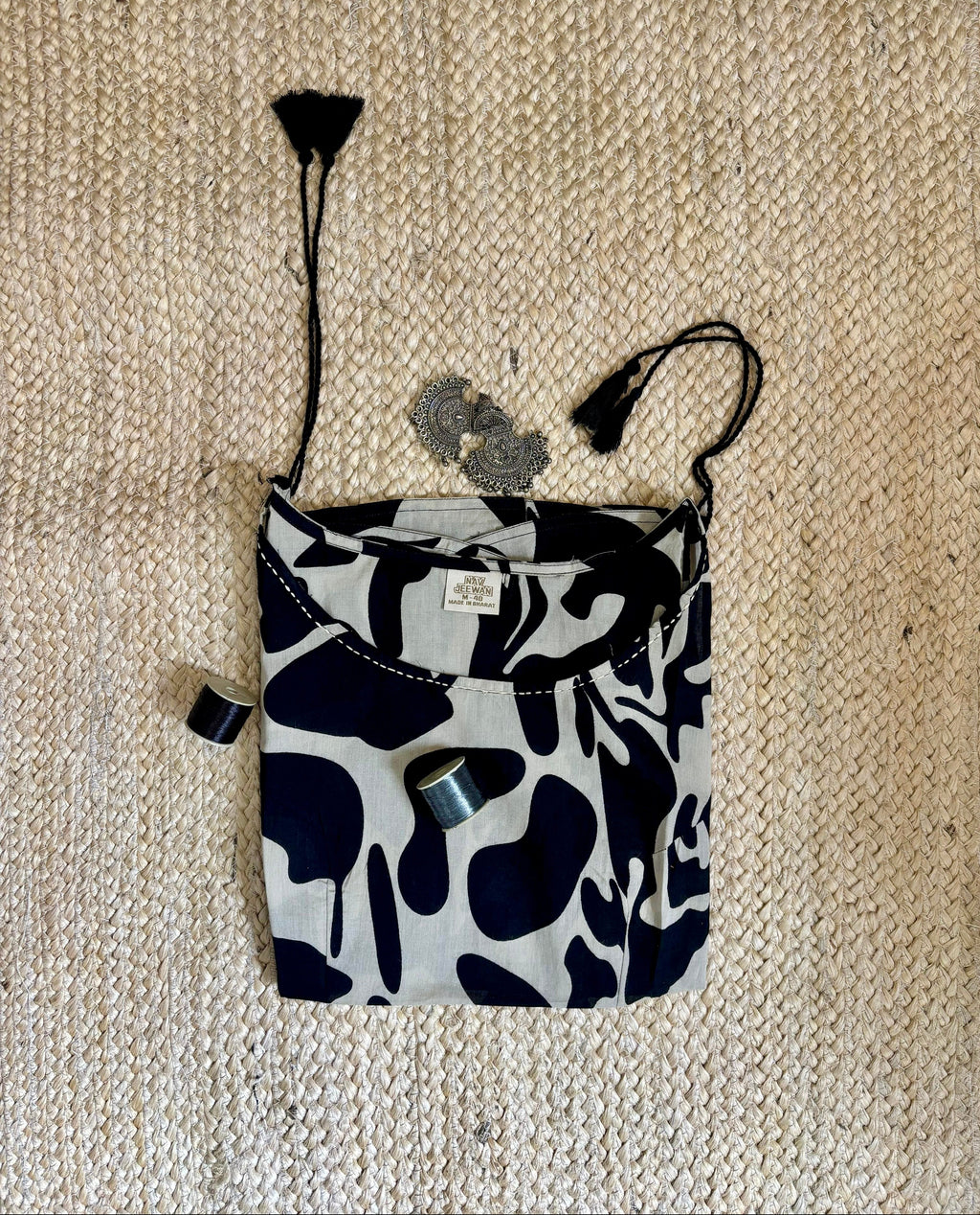 Black & White Abstract Handblock Kurti with Tassel Detail