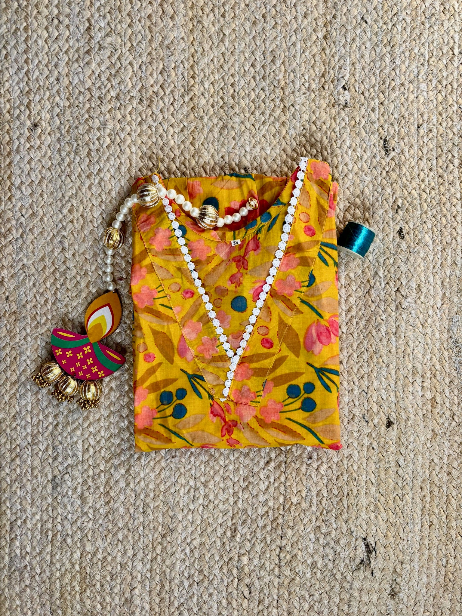 Yellow Multicolor Floral-Print Short Kurti