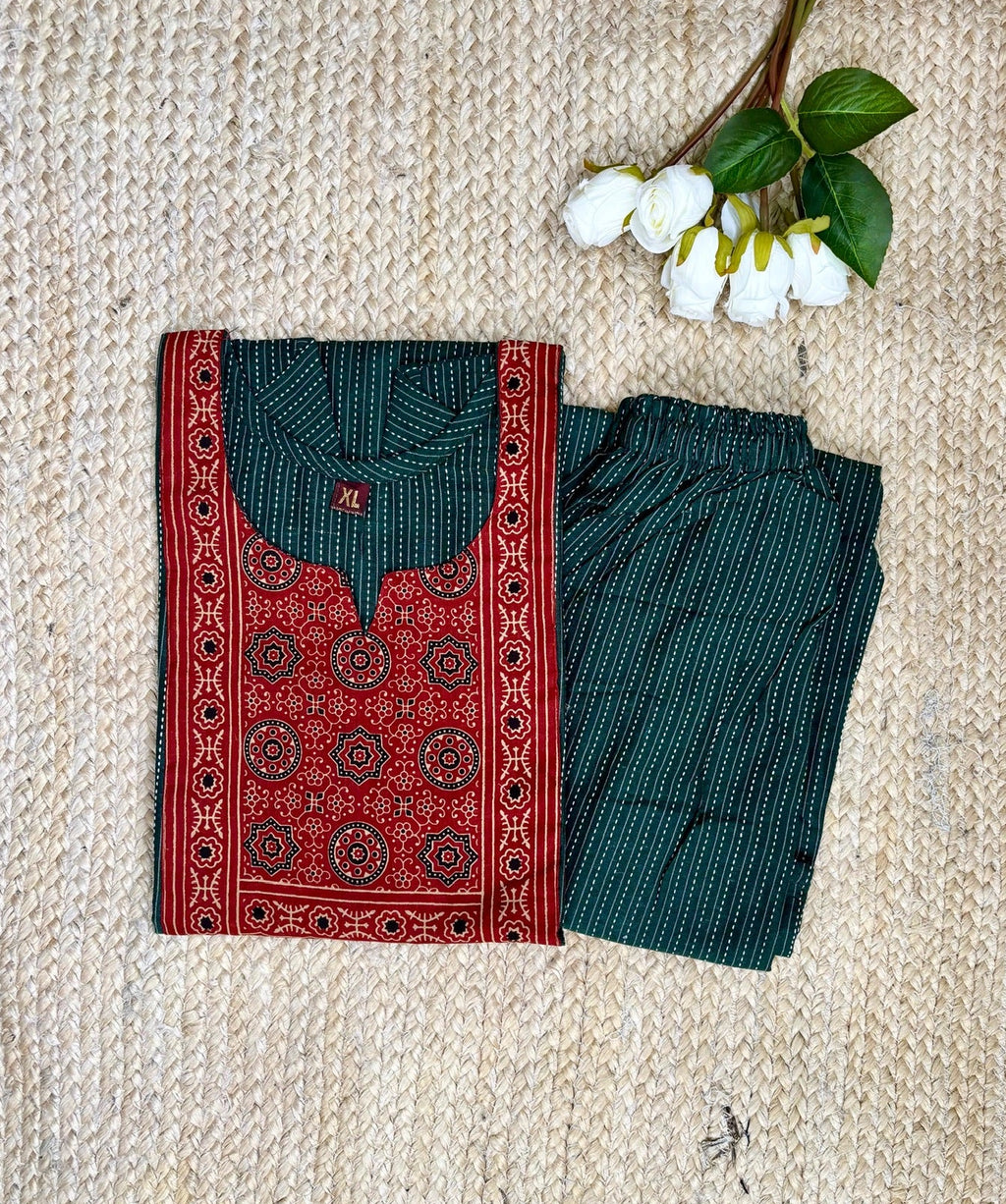 Green Ajrakh Patch Kurta Co-ord Set