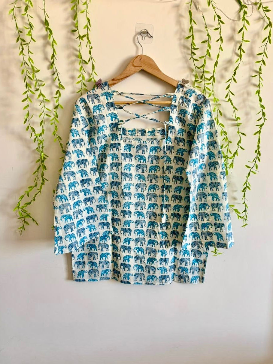 White Blue Elephant-Print Bell-Sleeve Kurti
