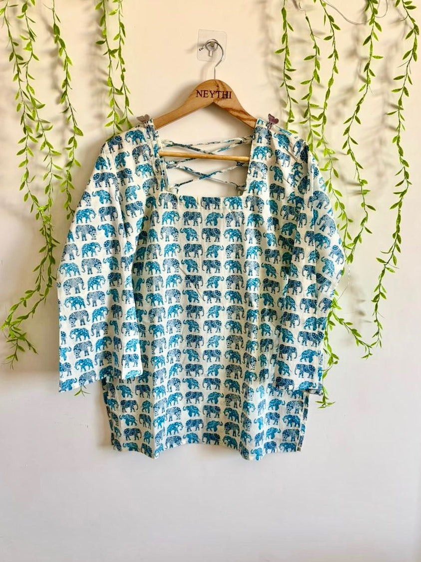 White Blue Elephant-Print Bell-Sleeve Kurti