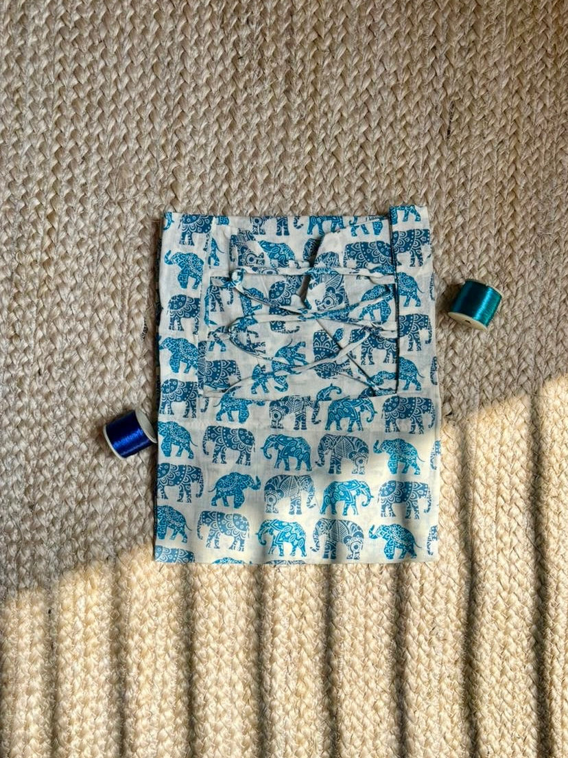 White Blue Elephant-Print Bell-Sleeve Kurti