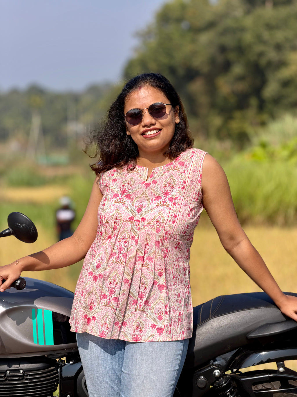 Pink Handblock Kurti with Panel Detail
