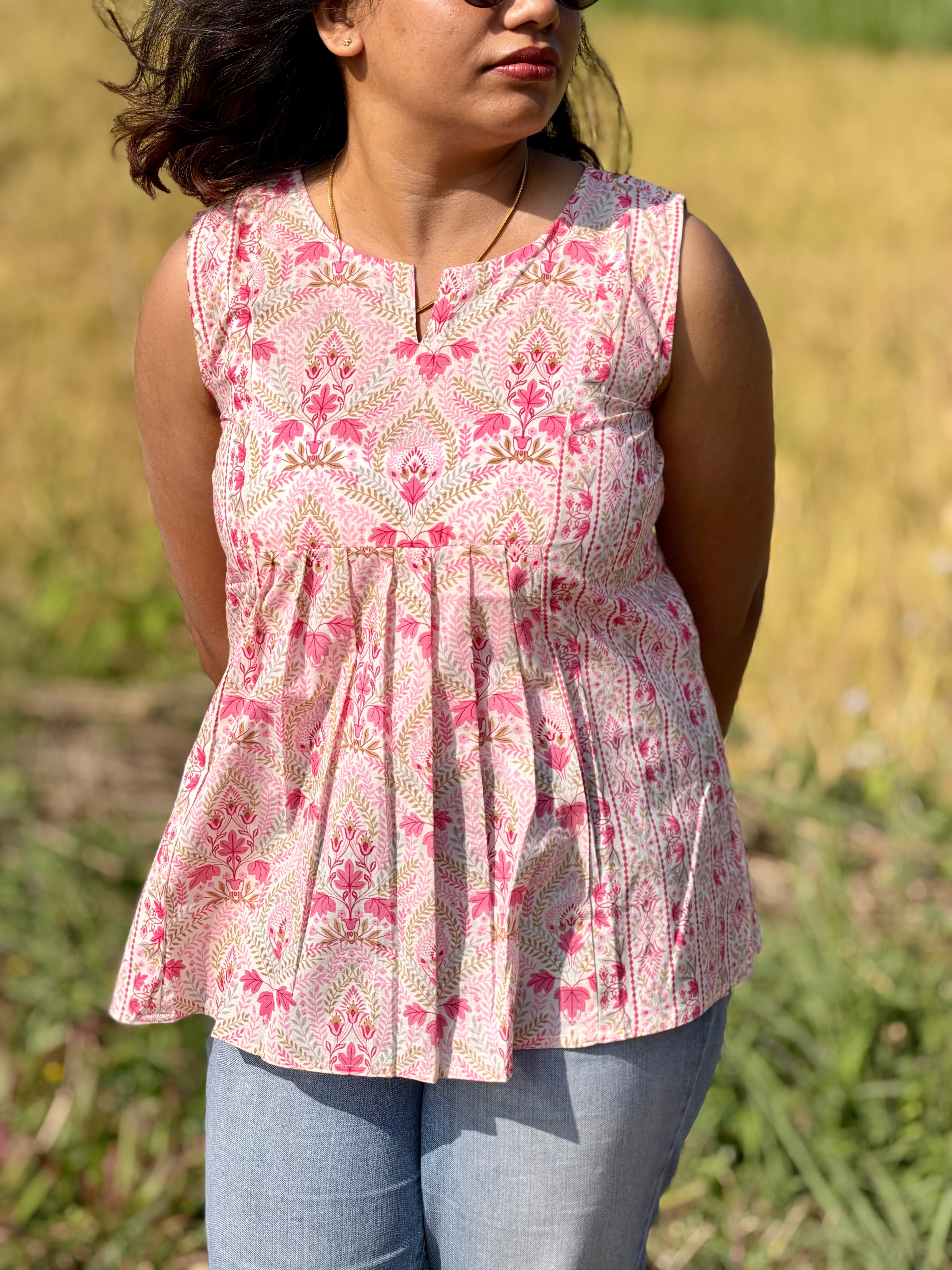 Pink Handblock Kurti with Panel Detail