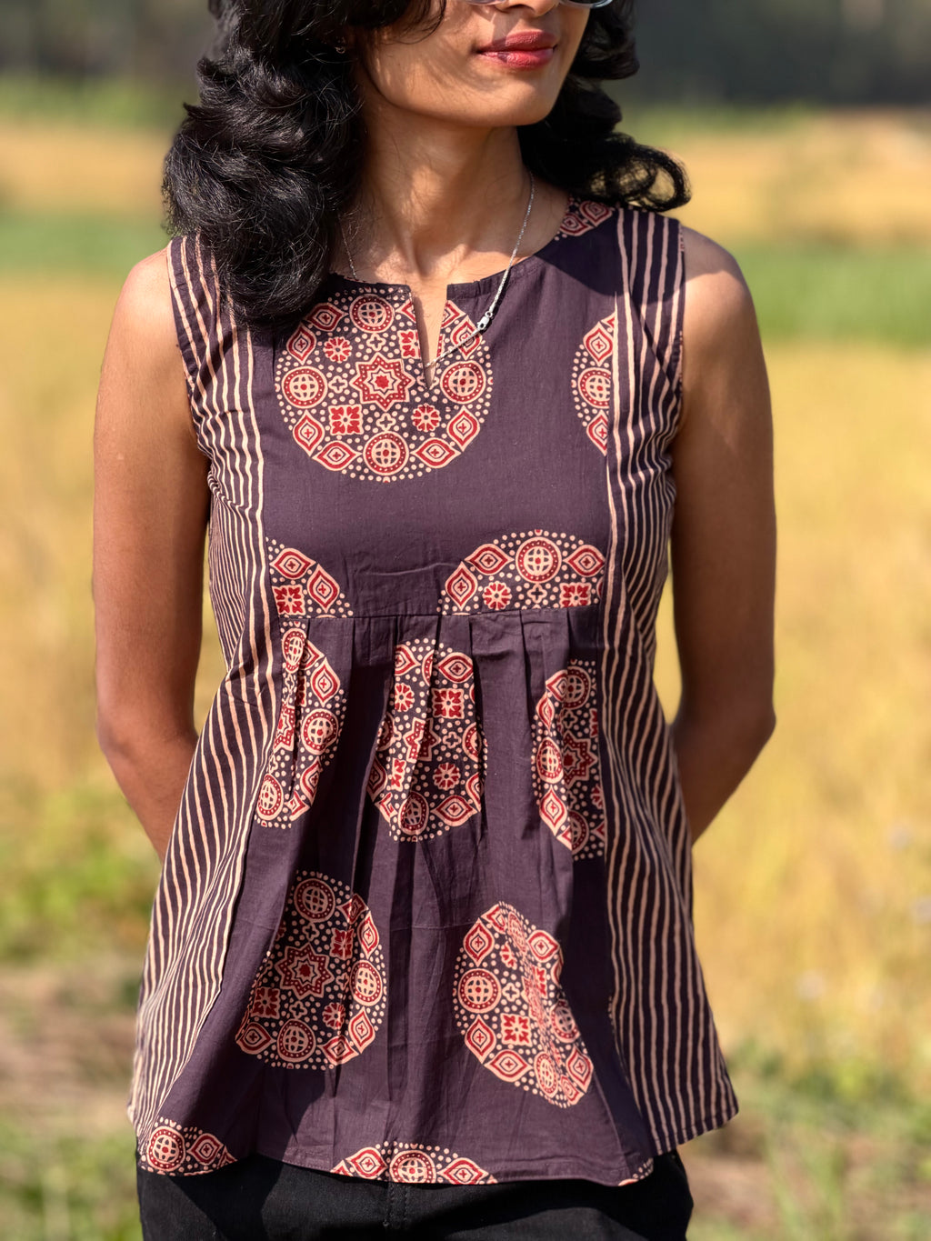 Cocoa Brown Handblock Kurti with Panel Detail