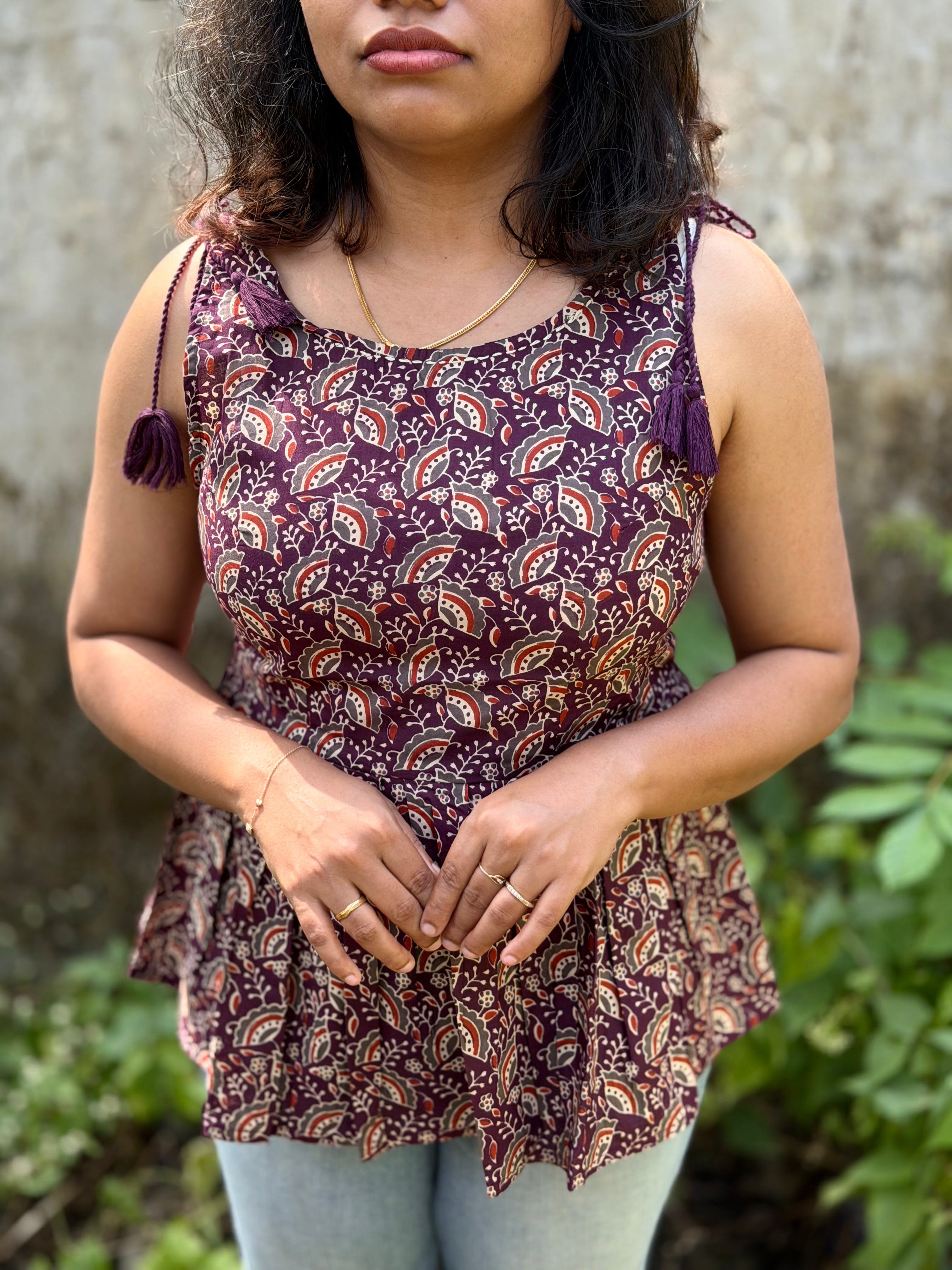 Wine Handblock Kurti with Tassel Detail