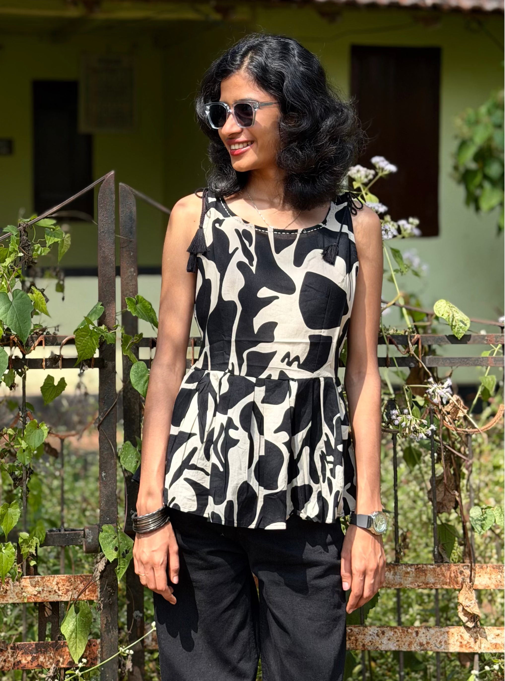 Black & White Abstract Handblock Kurti with Tassel Detail
