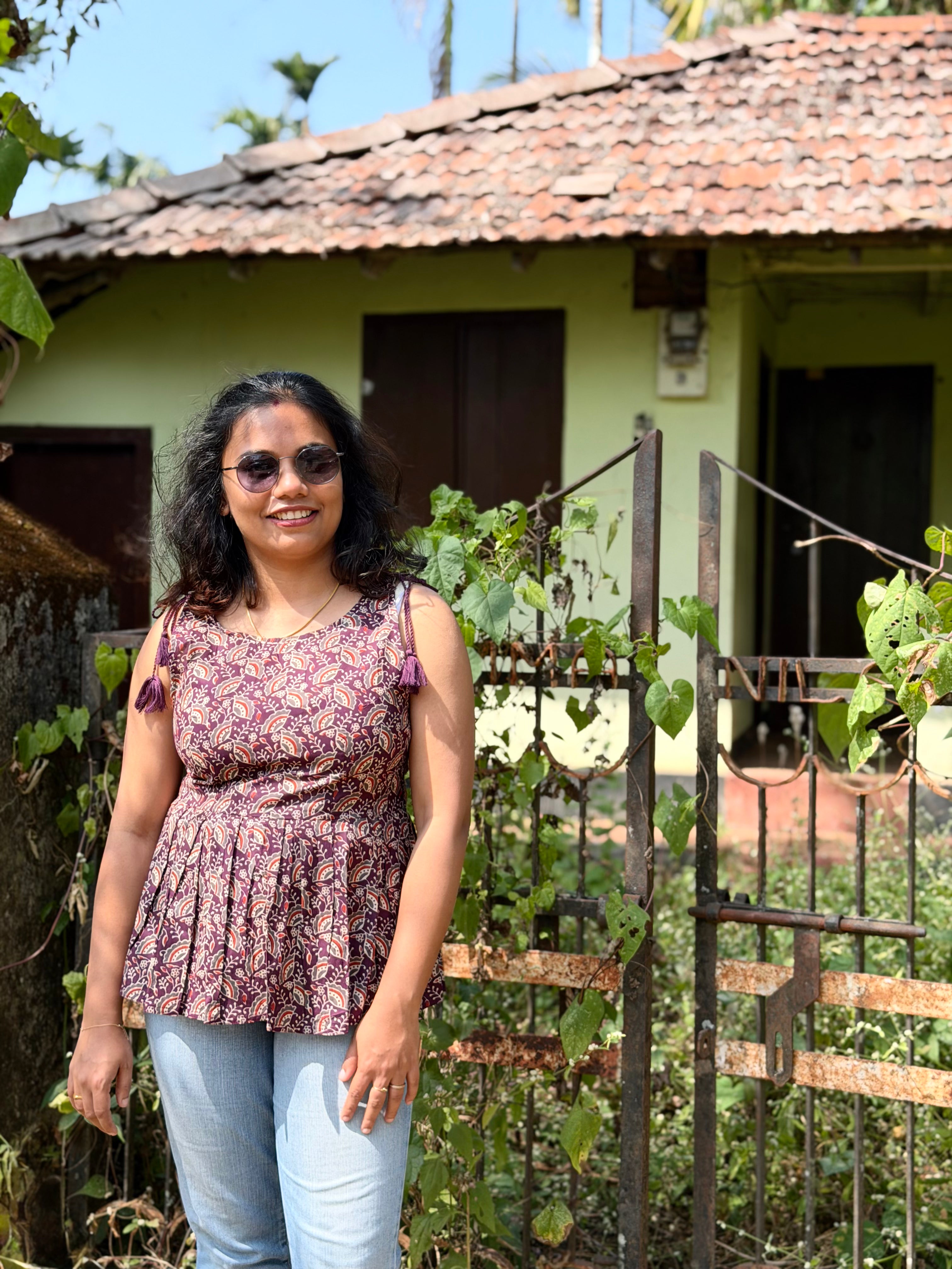Wine Handblock Kurti with Tassel Detail