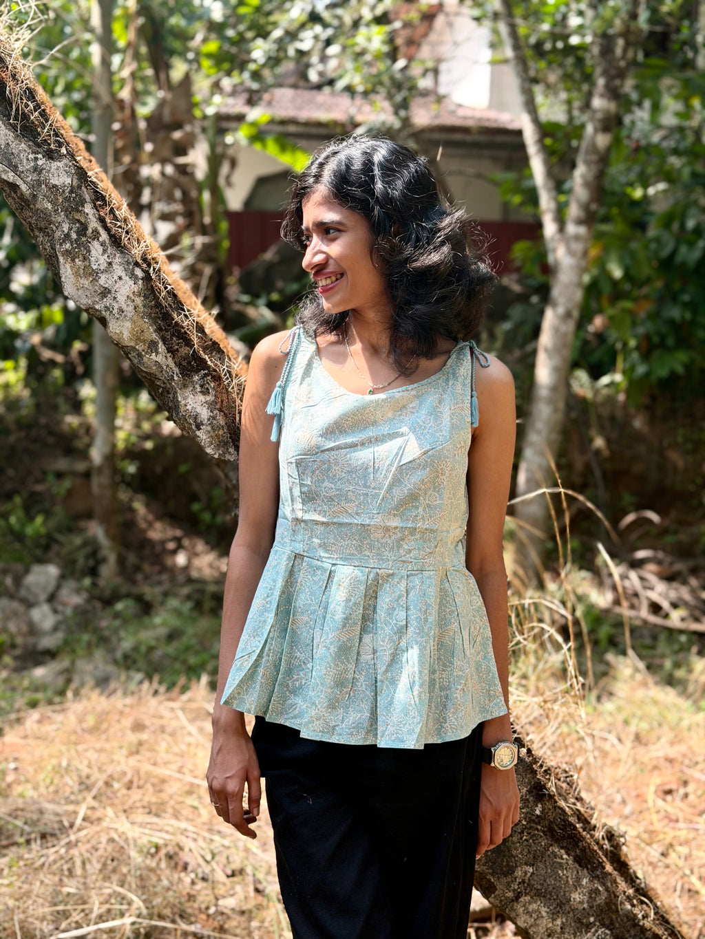 Aqua Blue Handblock Kurti with Tassel Detail