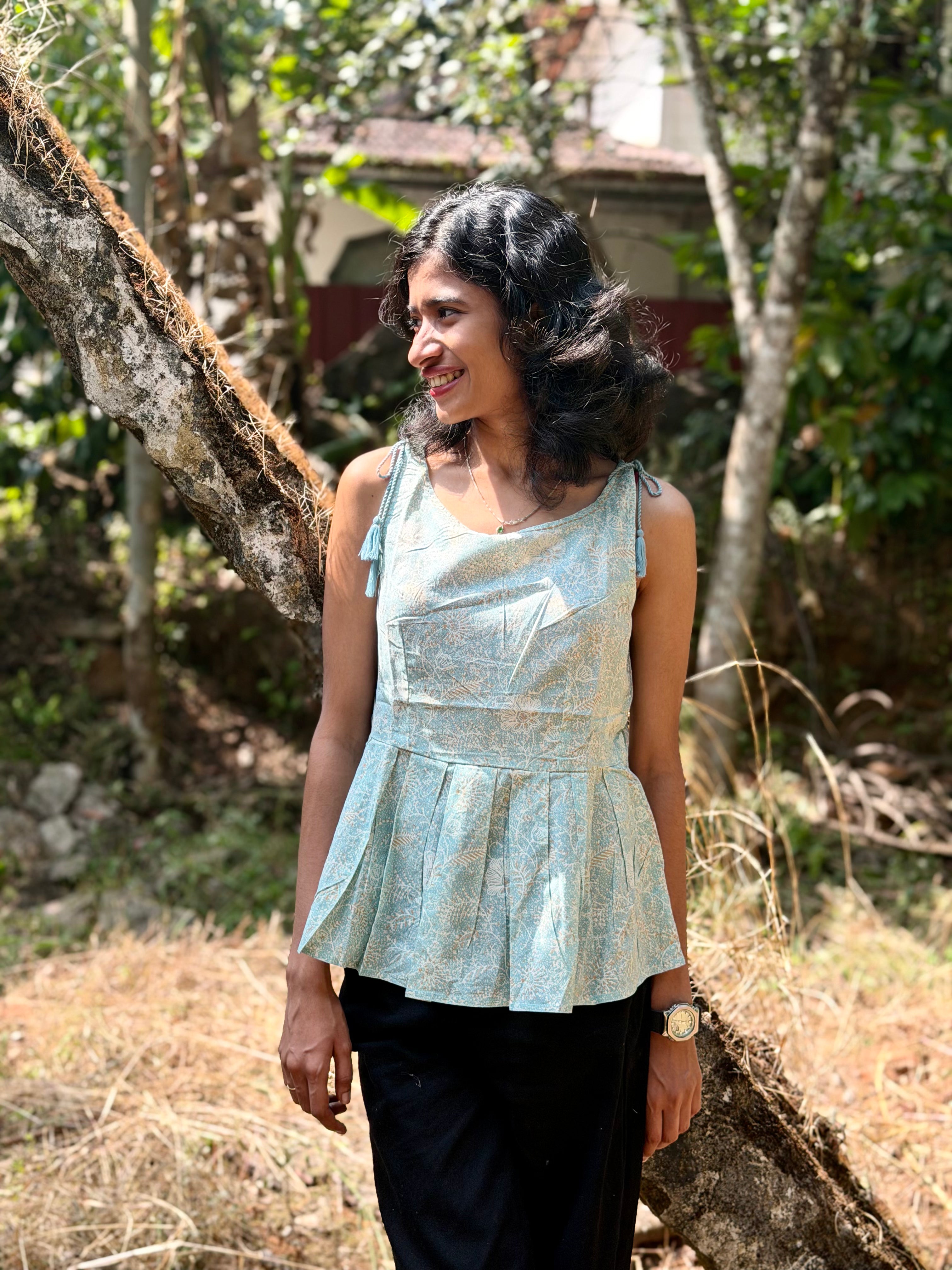 Aqua Blue Handblock Kurti with Tassel Detail