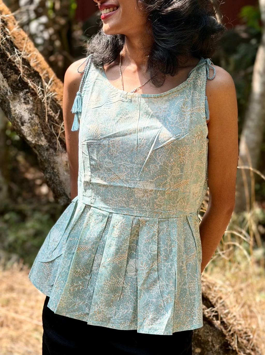 Aqua Blue Handblock Kurti with Tassel Detail