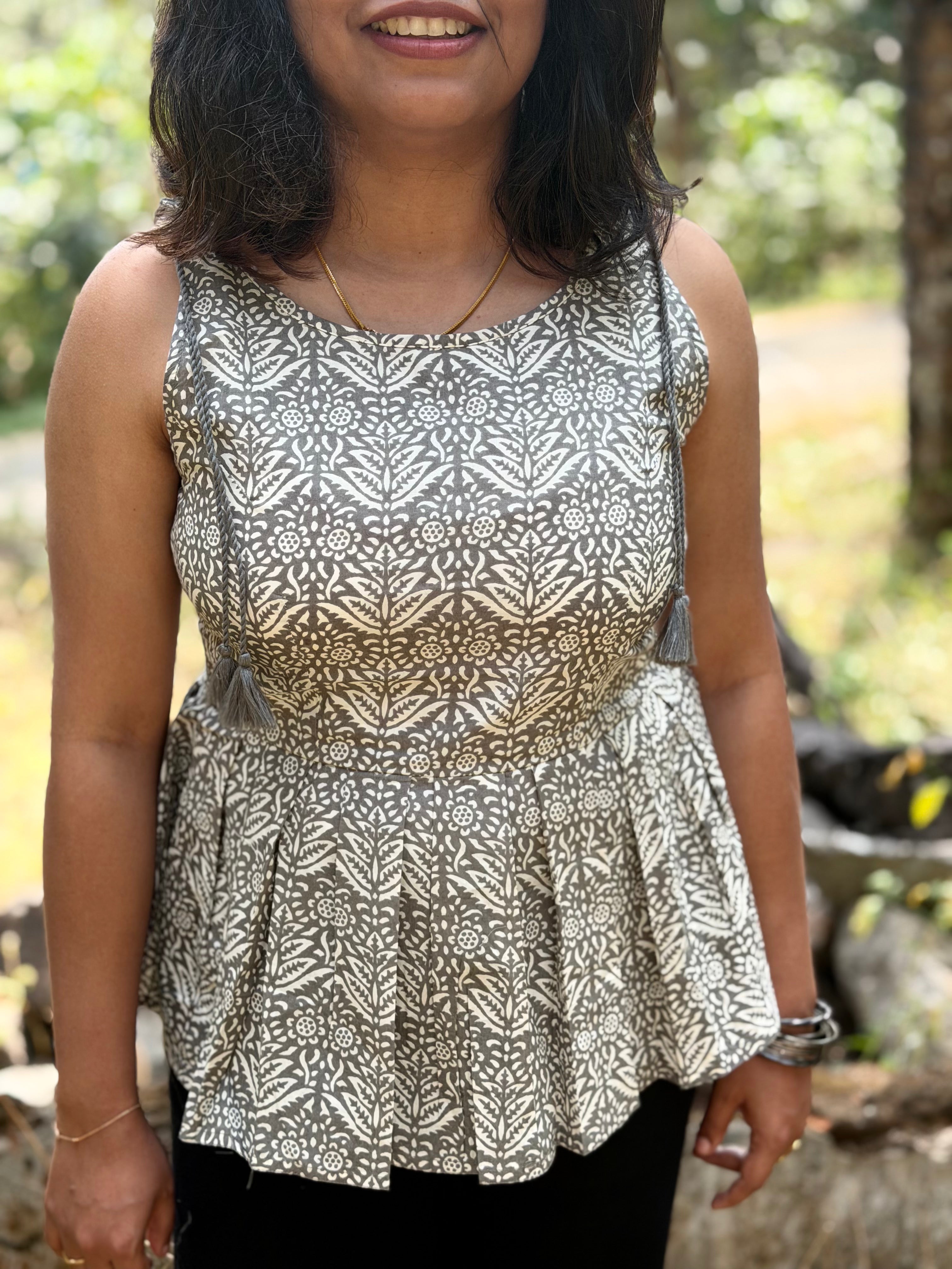 Grey Handblock Kurti with Tassel Detail