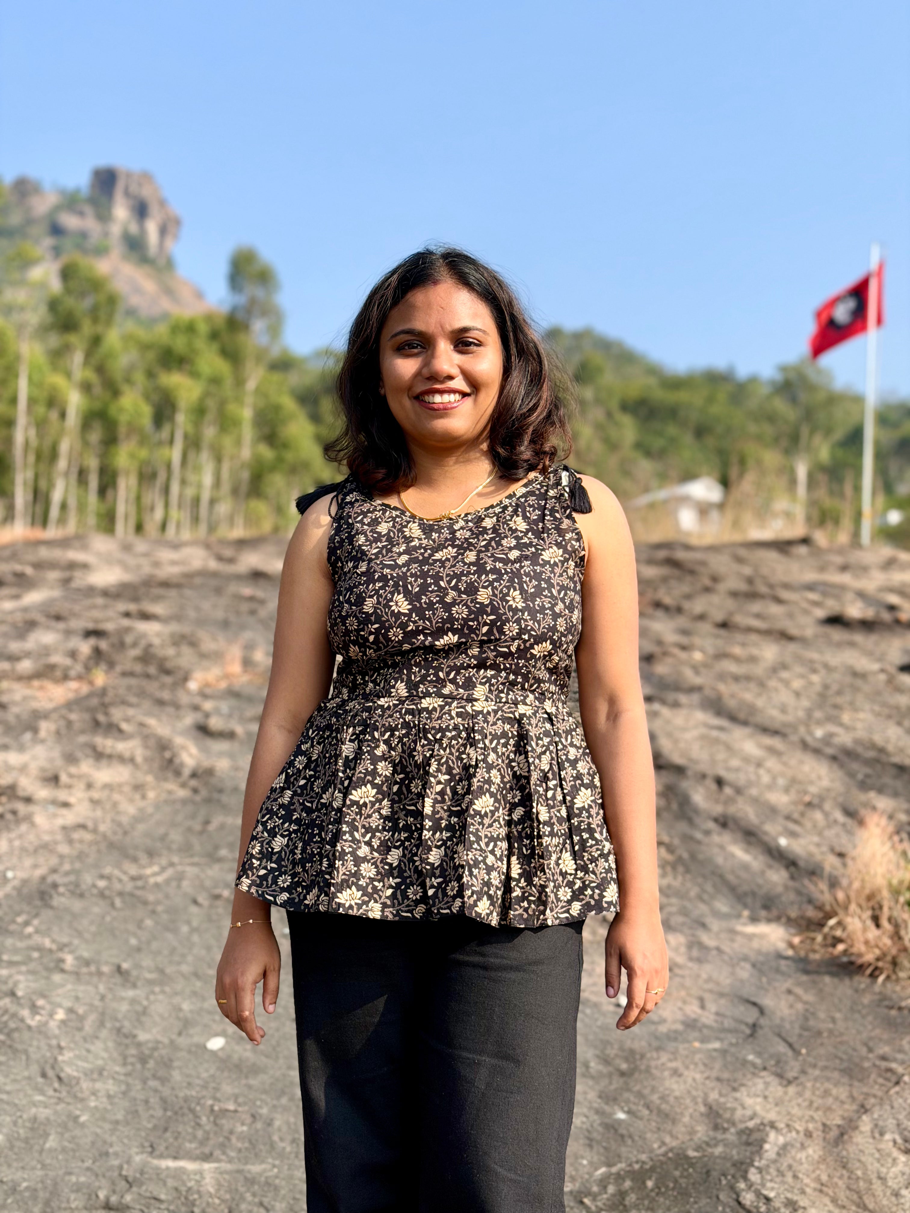 Charcoal Black Handblock Kurti with Tassel Detail