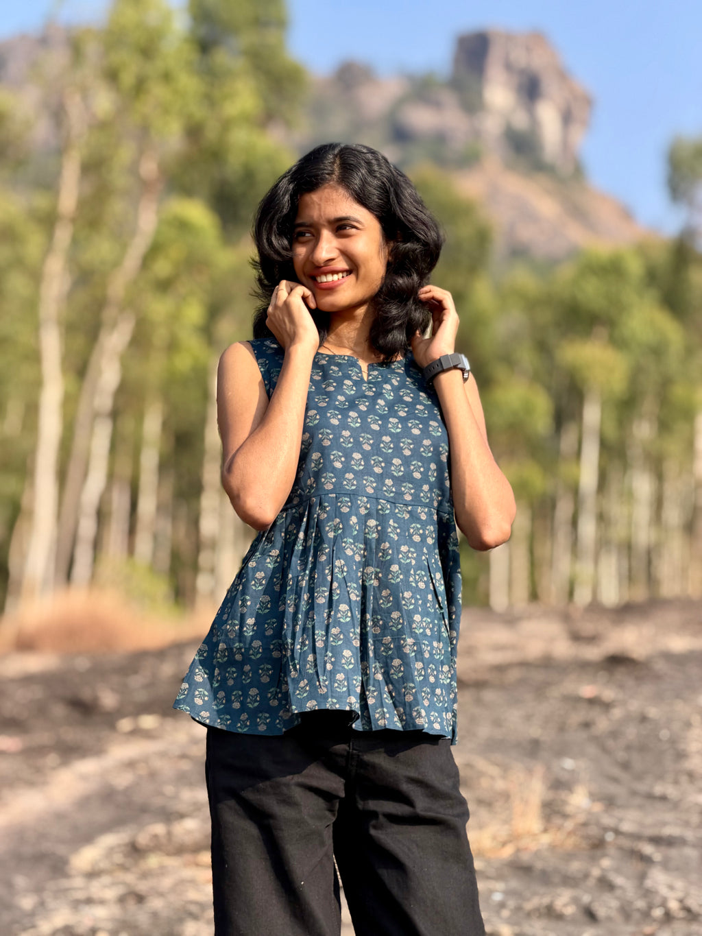Teal Blue Handblock Kurti with Panel Detail