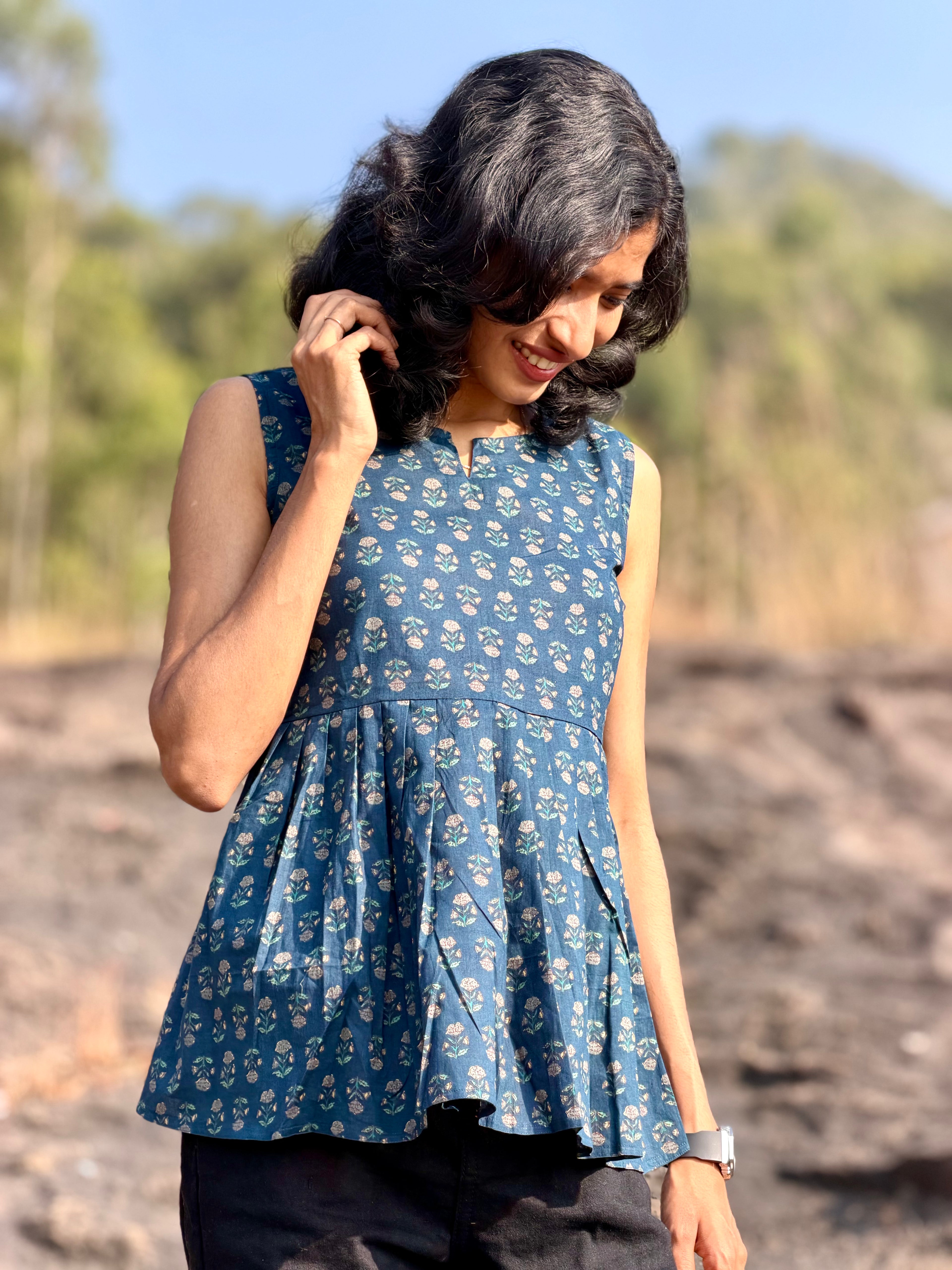 Teal Blue Handblock Kurti with Panel Detail