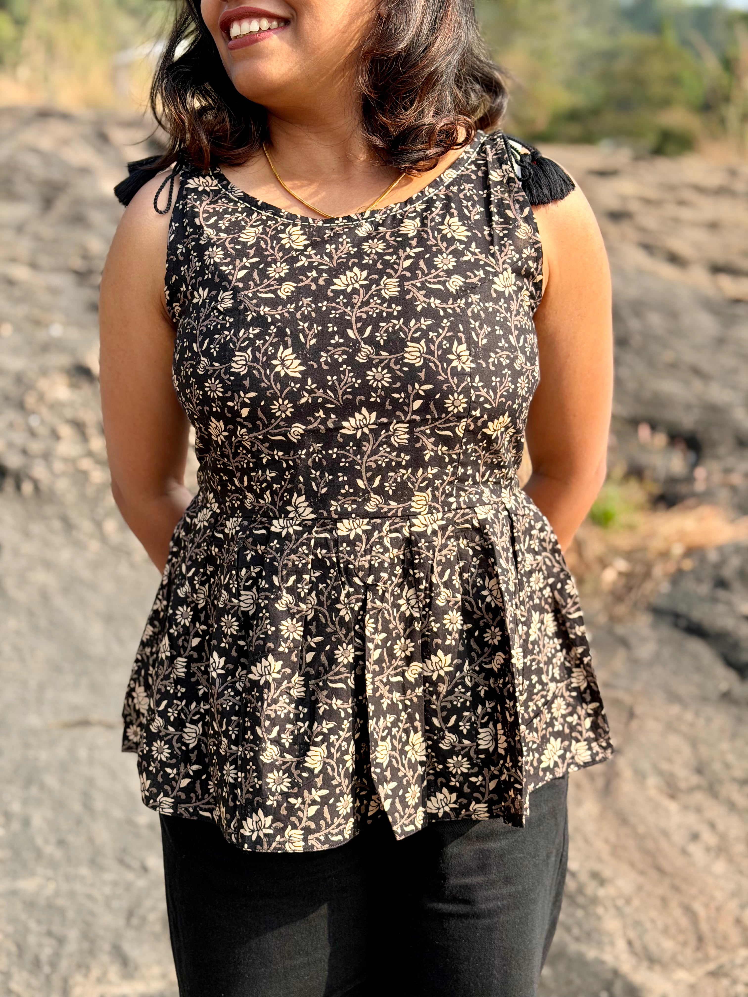 Charcoal Black Handblock Kurti with Tassel Detail