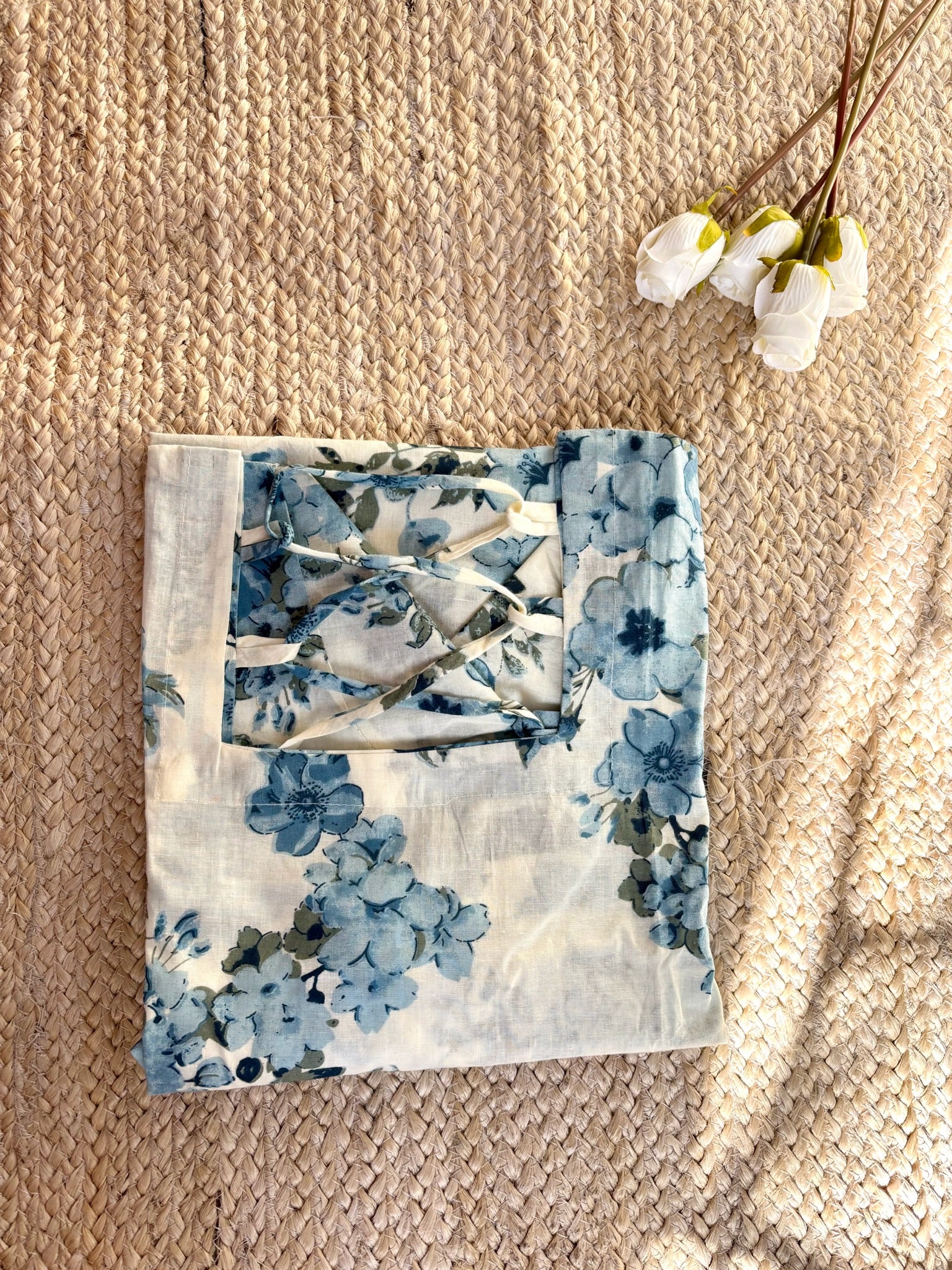 White Blue Floral-Print Bell-Sleeve Kurti