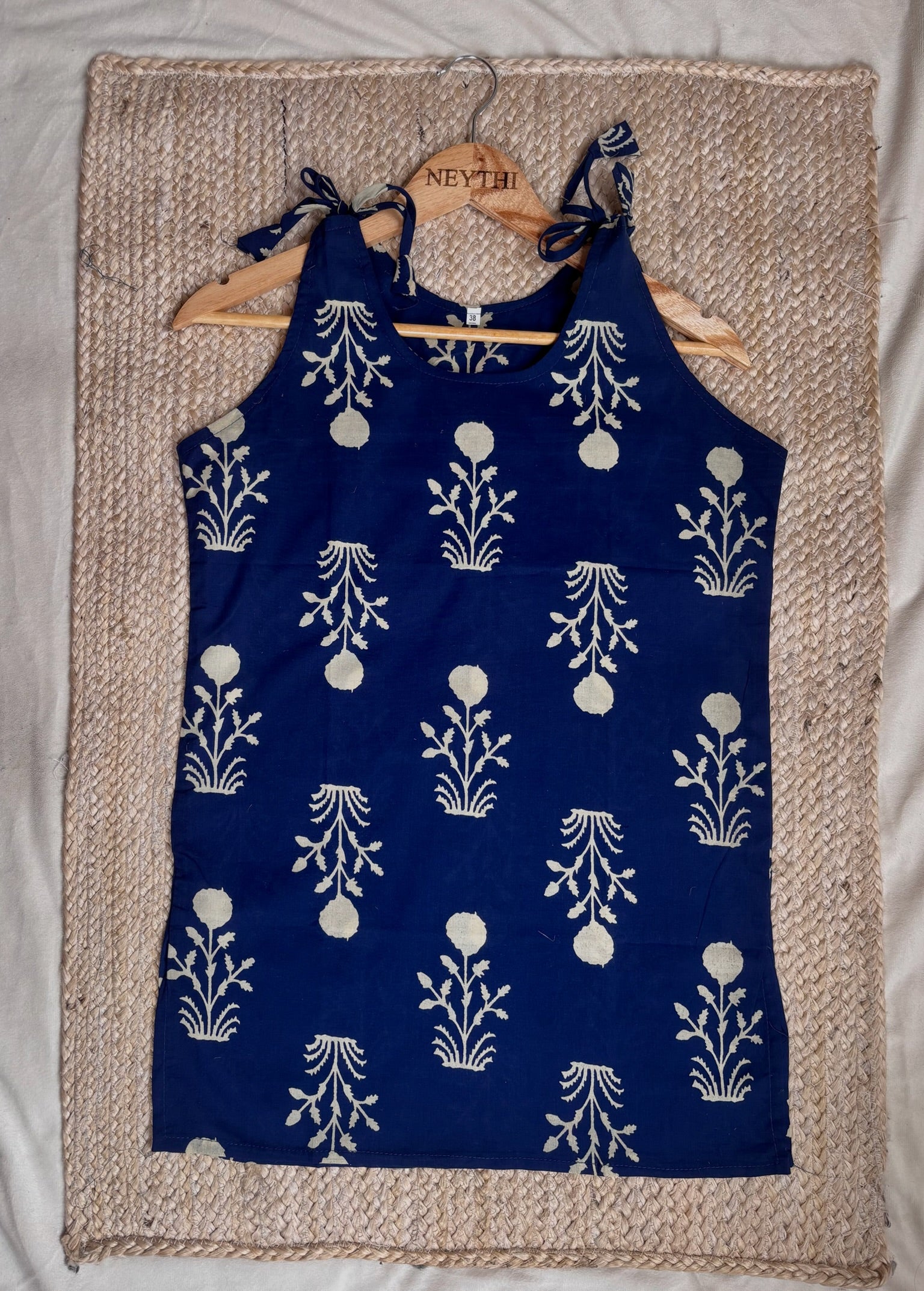 Navy Blue Floral-Print Sleeveless Kurti