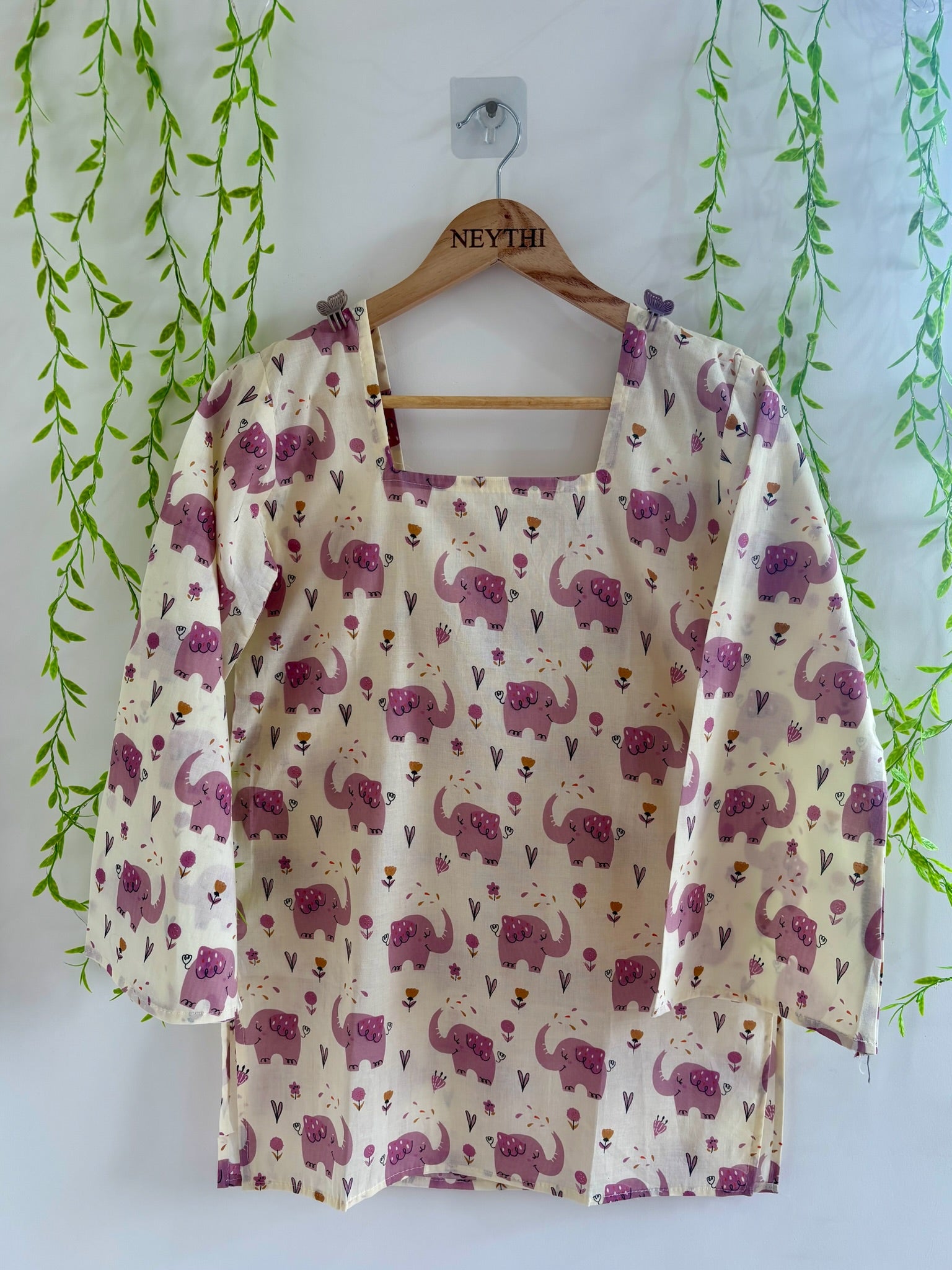 Elephant-Print Corset Back Bell Sleeve Kurti