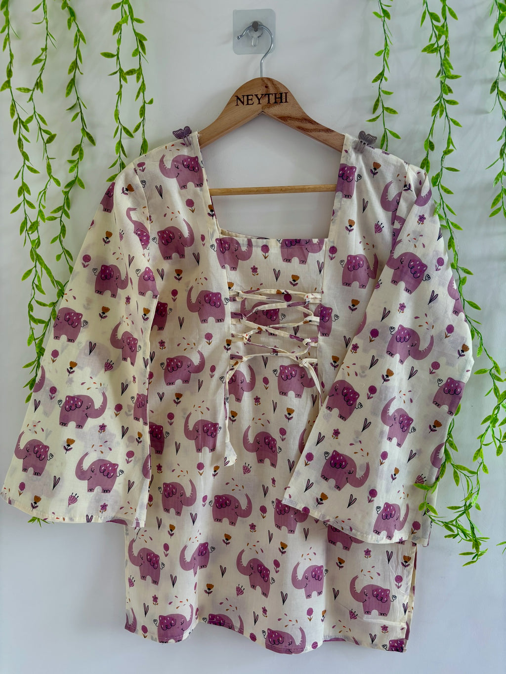 Elephant-Print Corset Back Bell Sleeve Kurti