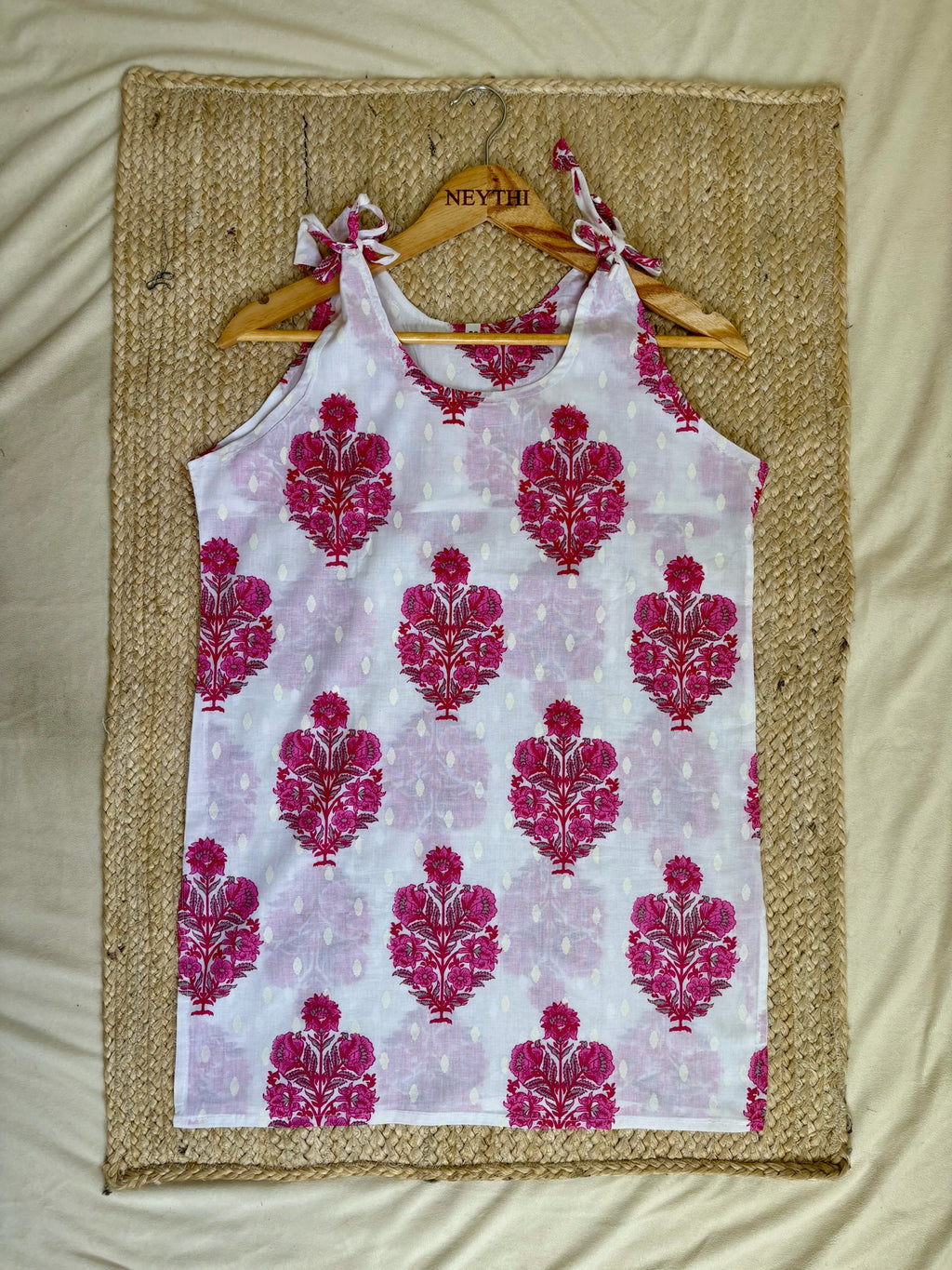 White Pink Floral-Print Sleeveless Kurti