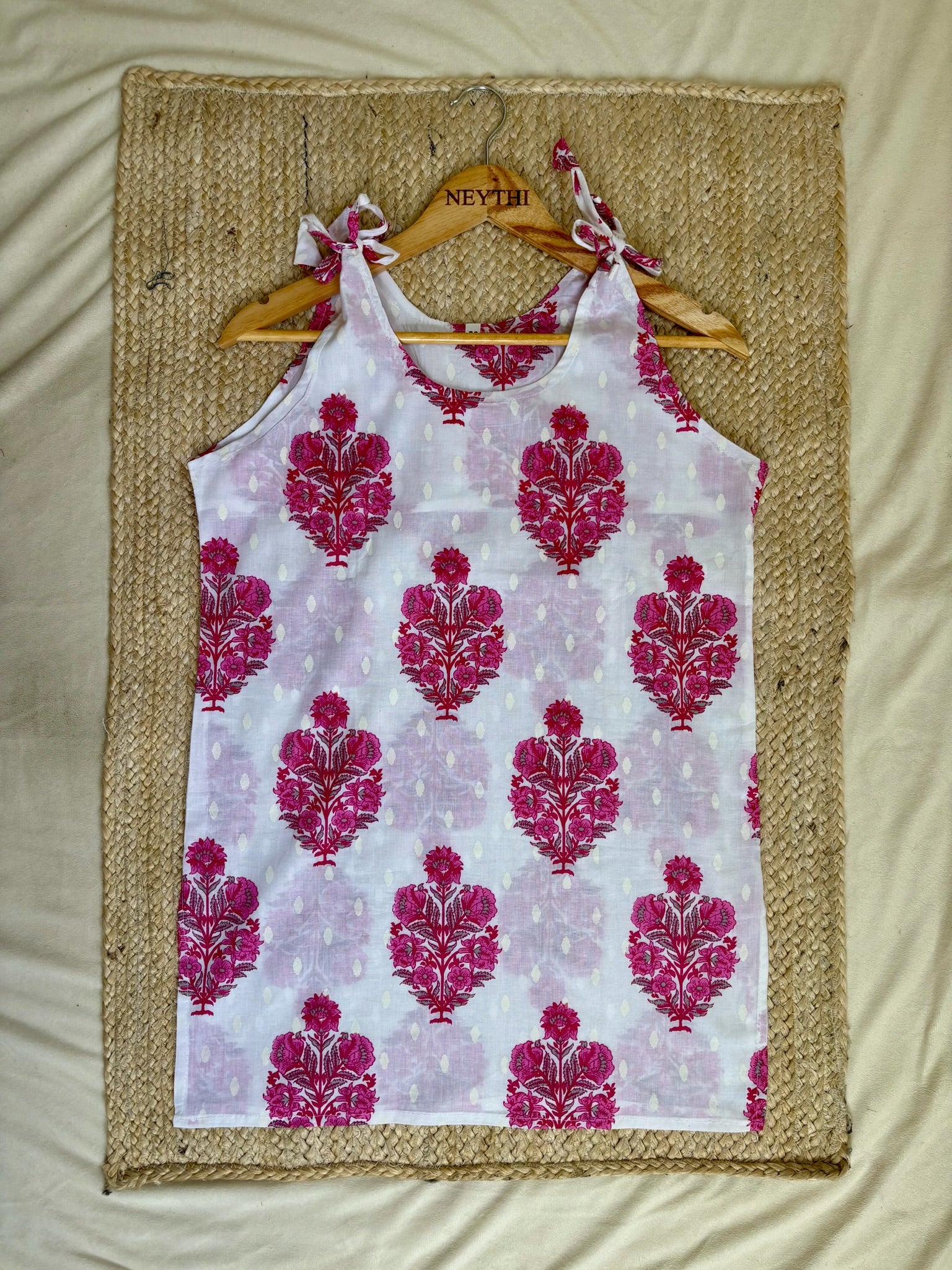 White Pink Floral-Print Sleeveless Kurti