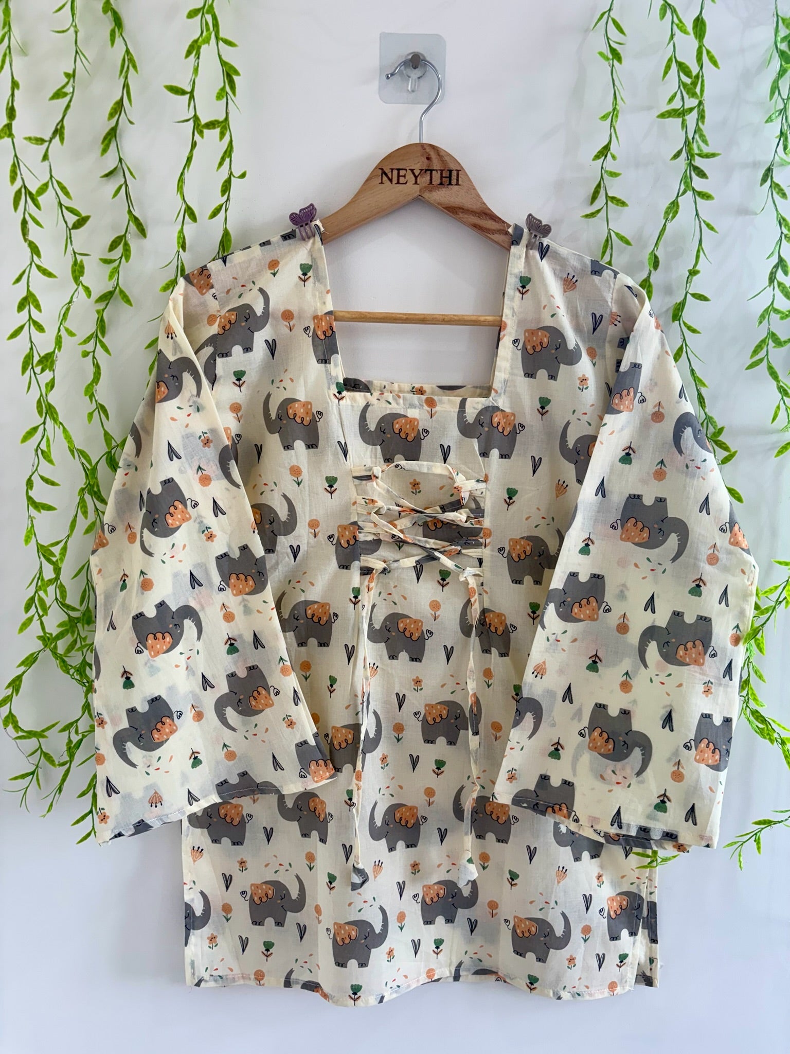 Elephant-Print Corset Back Bell Sleeve Kurti