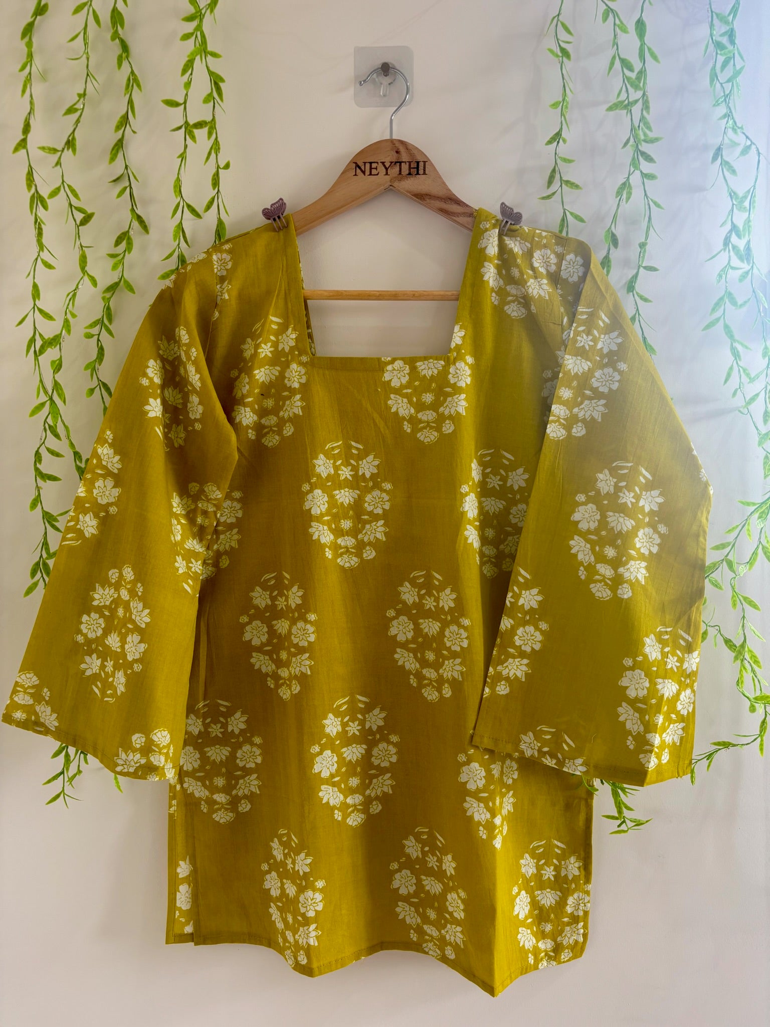 Lime Yellow Floral-Print Bell-Sleeve Kurti