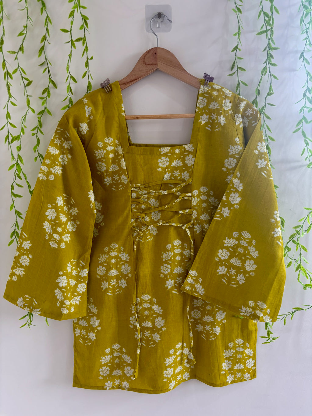 Lime Yellow Floral-Print Bell-Sleeve Kurti