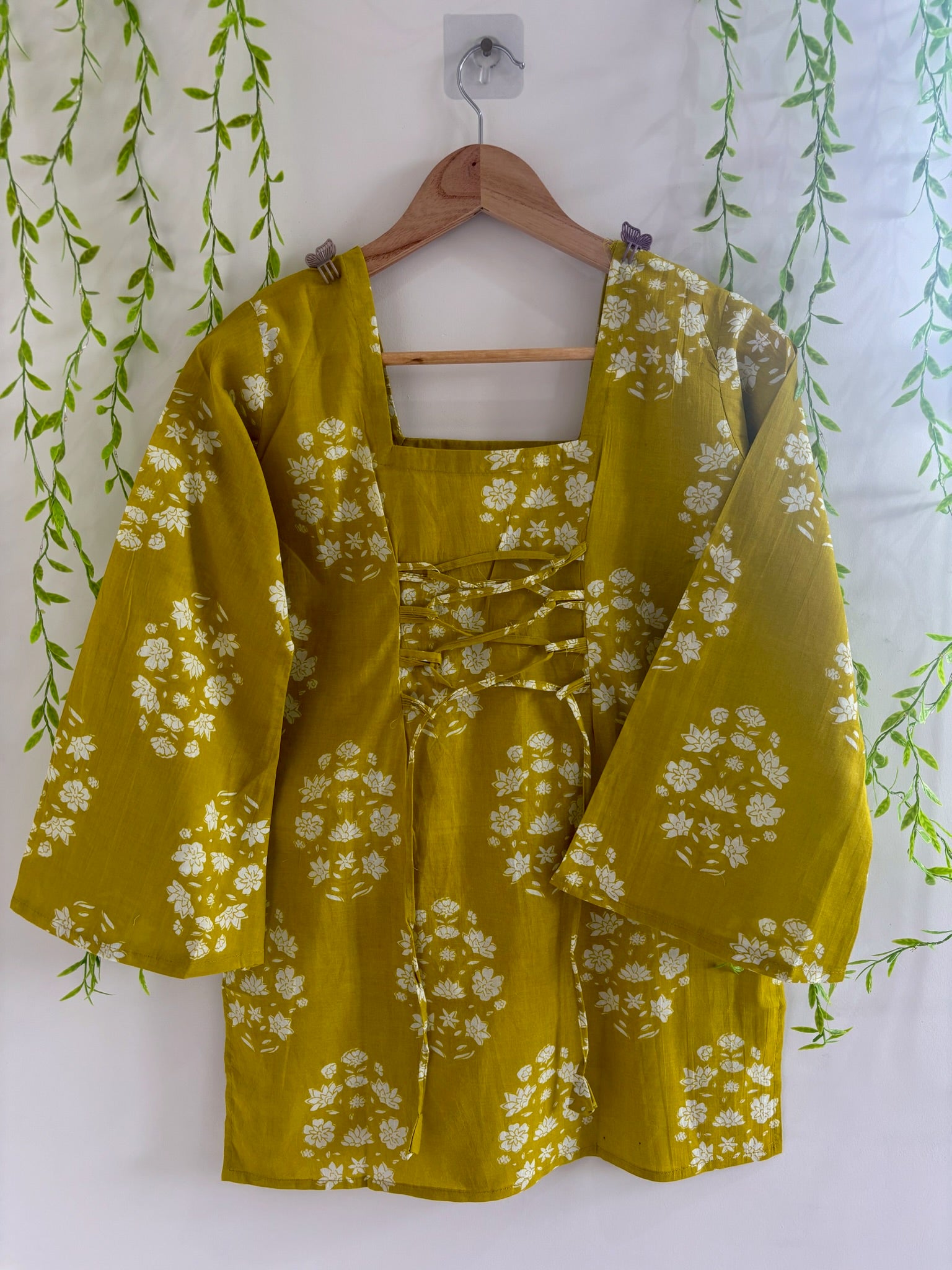 Lime Yellow Floral-Print Bell-Sleeve Kurti