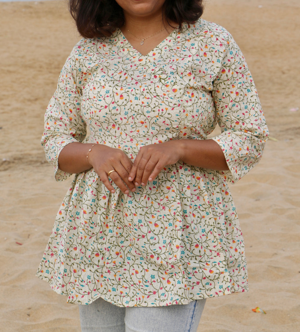 Ivory Multicolor Floral-Print Short Kurti