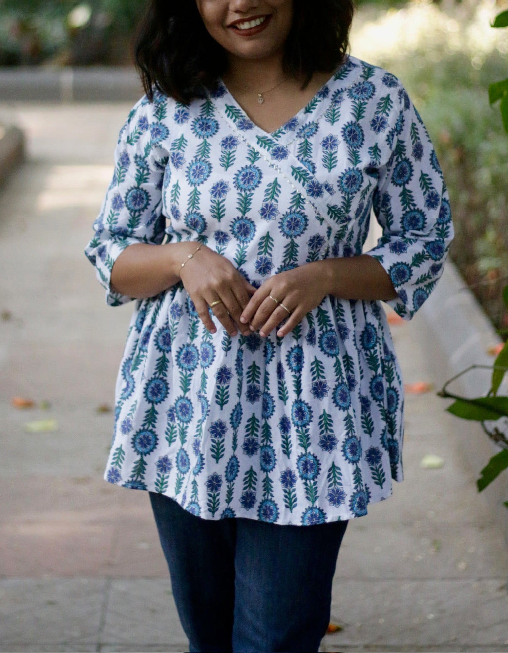 White Handblock Bloom-Print Umbrella Cut Kurti