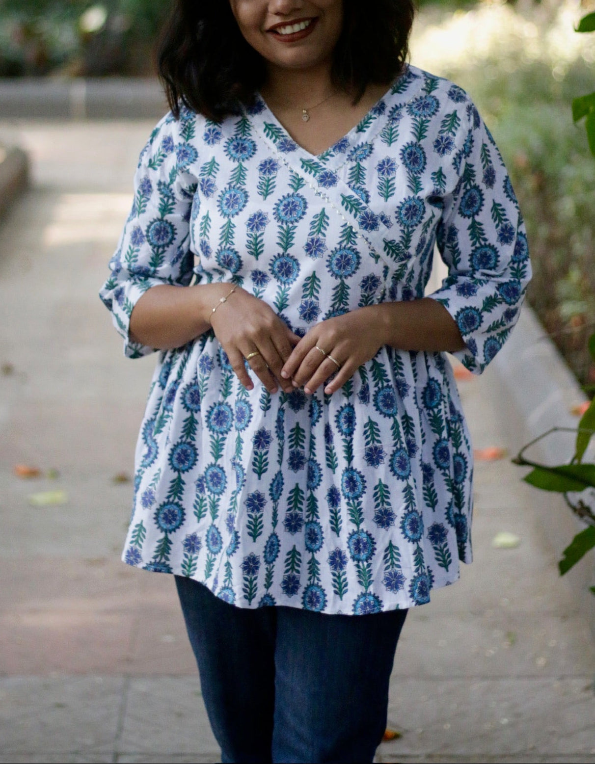 White Handblock Bloom-Print Umbrella Cut Kurti