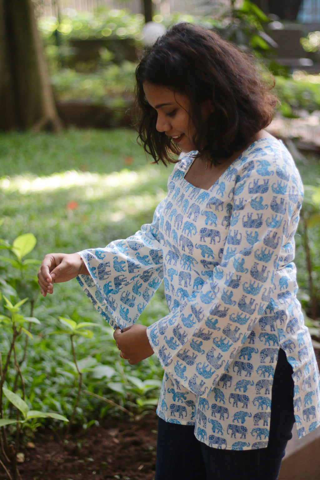 White Blue Elephant-Print Bell-Sleeve Kurti