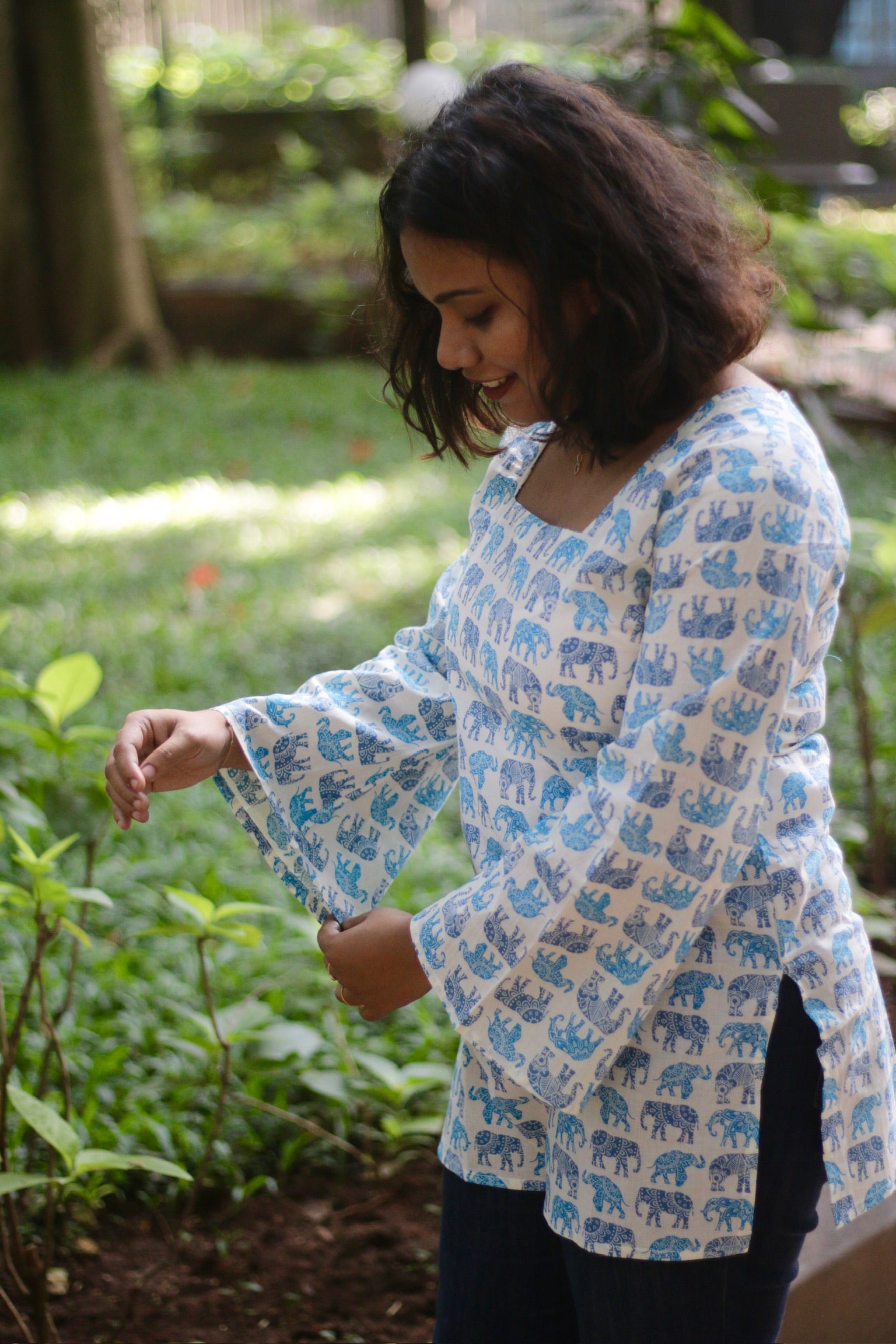 White Blue Elephant-Print Bell-Sleeve Kurti